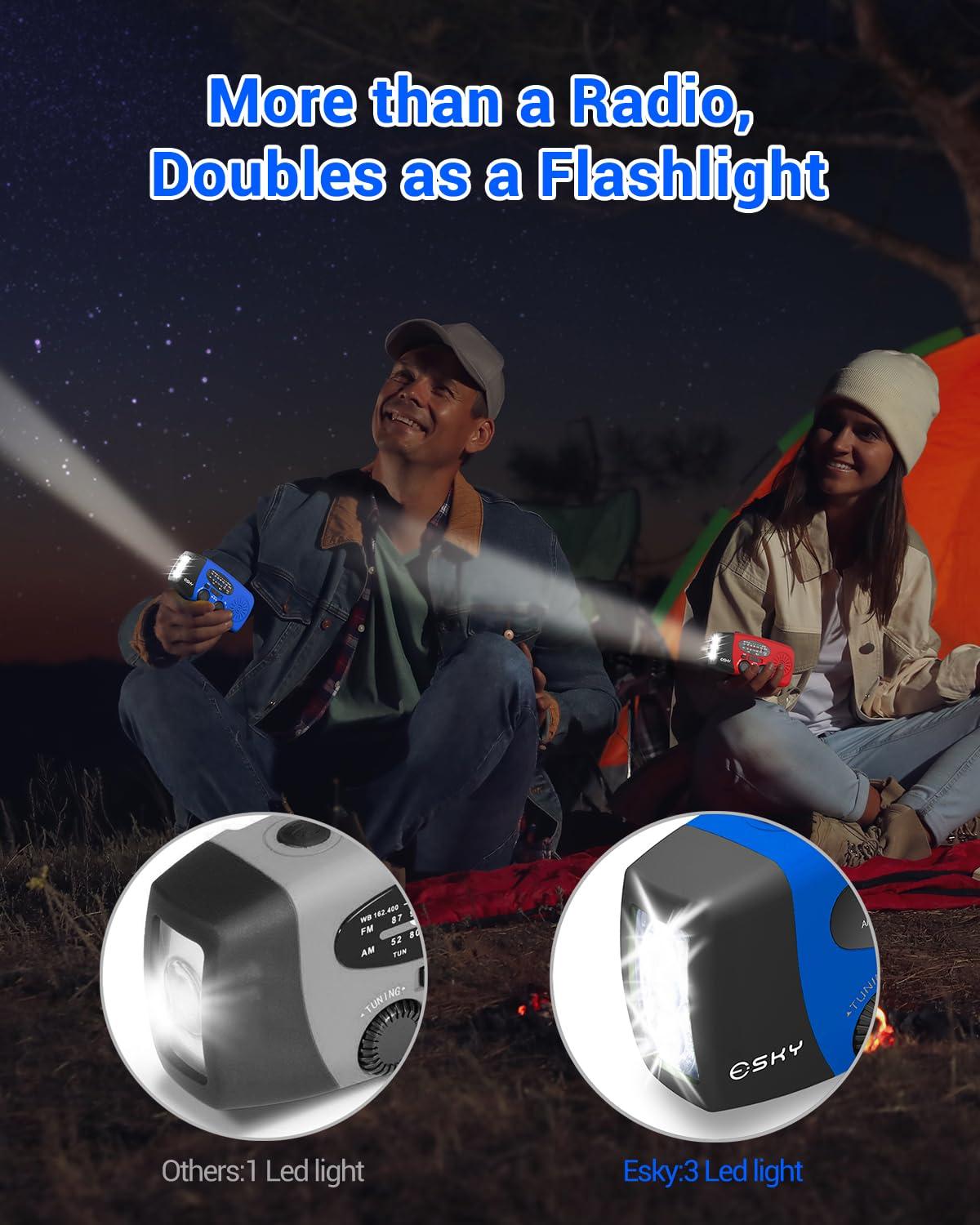 Esky Esky Emergency Hand Crank Radio with 3 LED Flashlight, AM/FM/NOAA Portable Weather Radio with 2000mAh Power Bank Phone Charger, Solar Powered USB Rechargeable Radio for Indoor Outdoor Camping, Blue