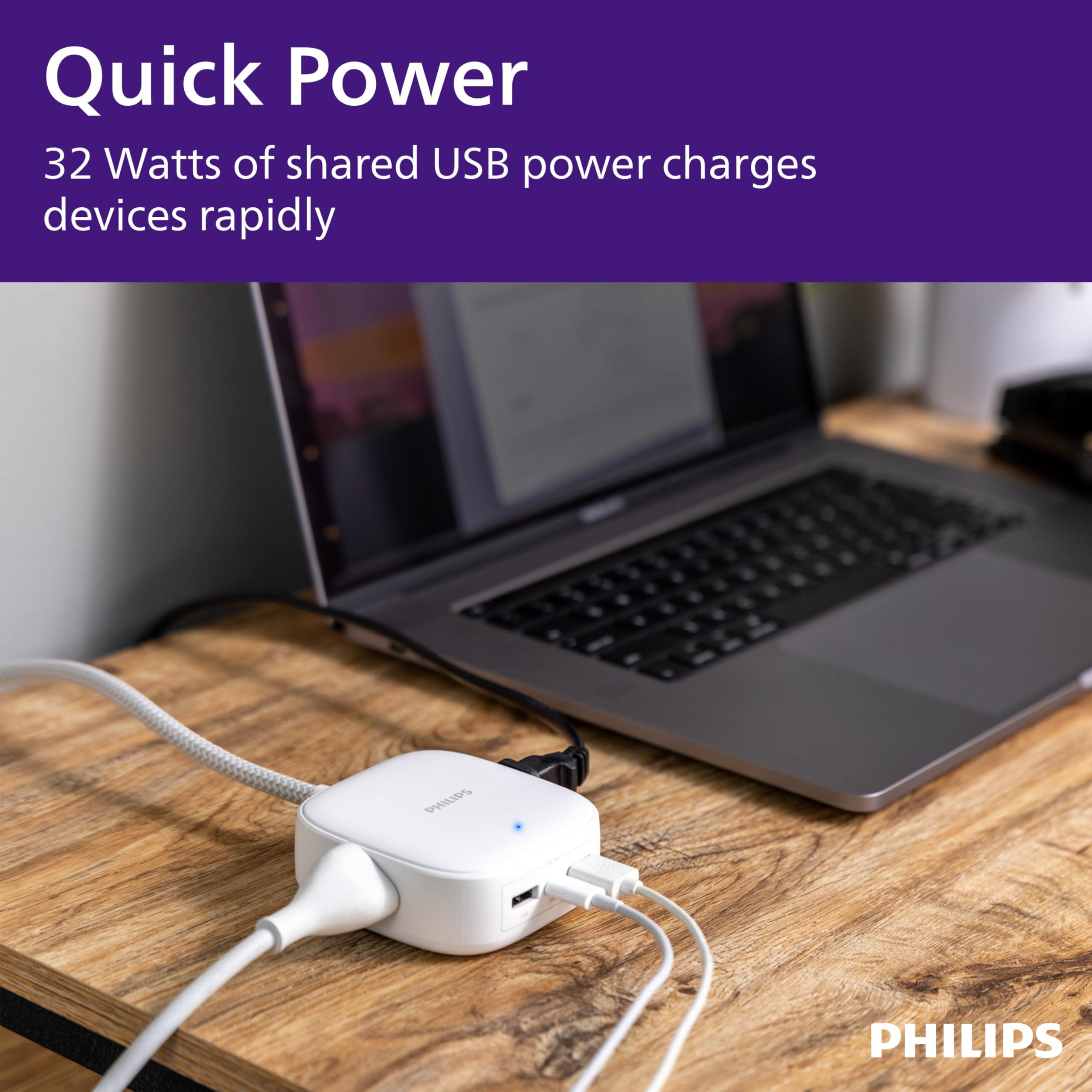 Philips Philips USB Desktop Charging Station, 32W 5 Ft USB C & A Ports, 2 Grounded Outlets, Multiport Charging Hub for iPhone 13-16 Series, iPad Pro, Braided Cord, DLP3553W/37