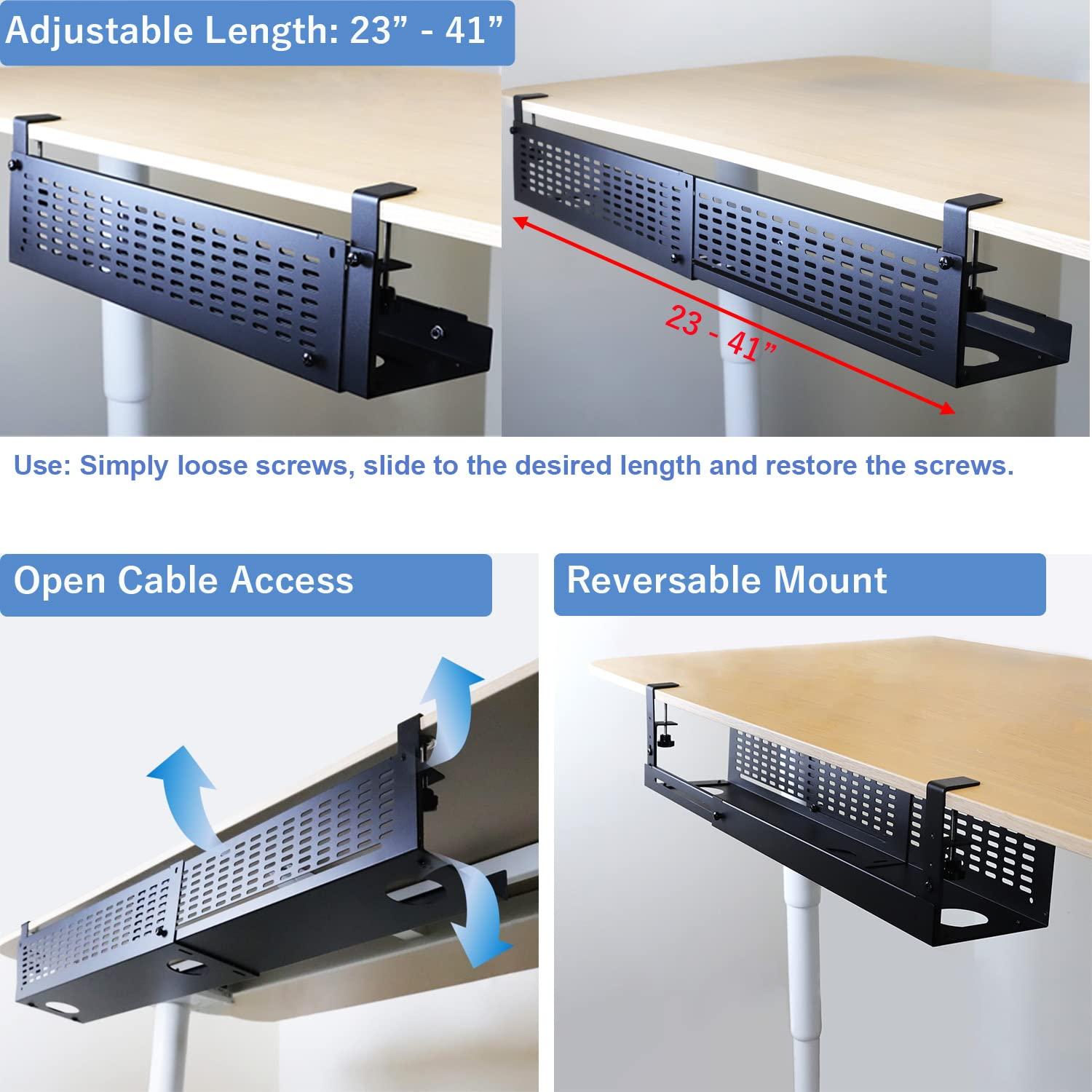 AEONS AEONS Under Desk Cable Management Tray Kit - Horizontal Adjustable up tp 41 Desk Organizer Removable C Clamp Mount Reversiable Computer Cord Raceway and Modesty Panel for Large Desk, Black