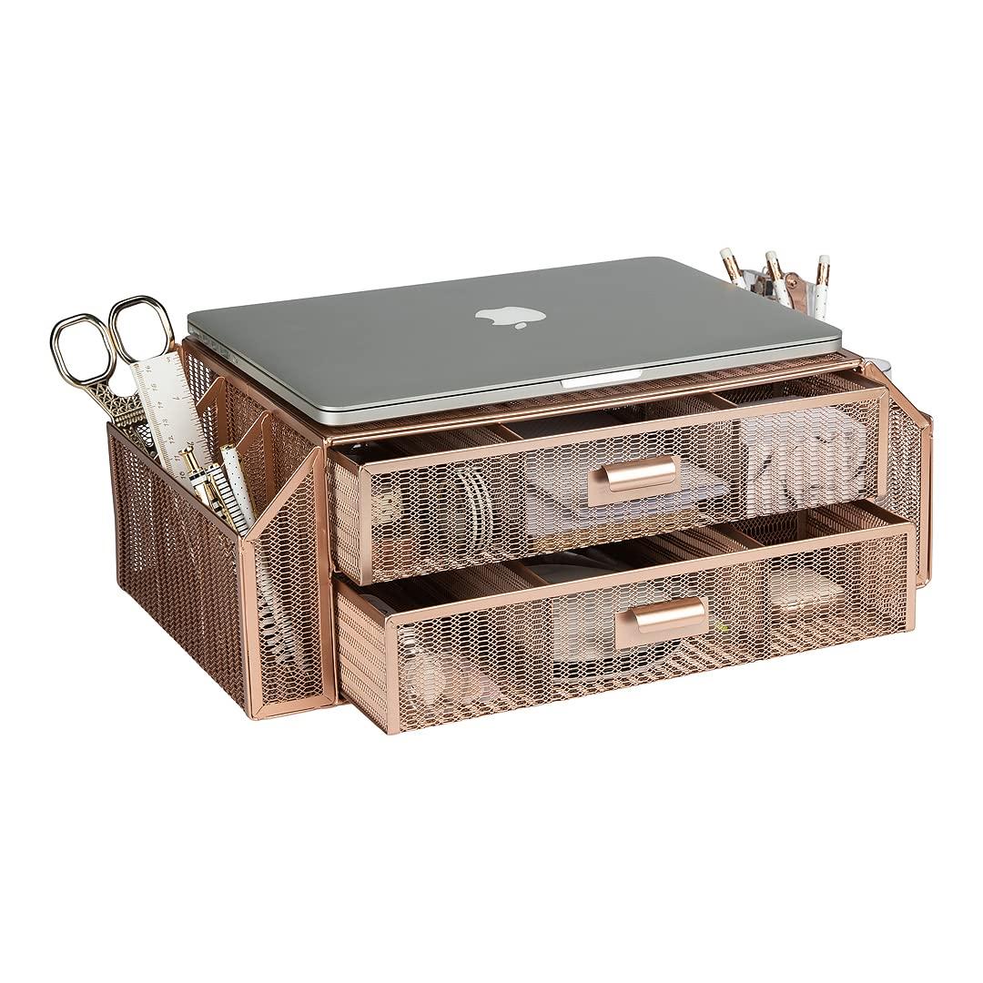 BLU MONACO Blu Monaco Rose Gold Monitor Stand with Drawer Computer Monitor Riser with Storage Laptop Stand for Desk with Storage - Laptop organizer - Desk Organizer with Drawers