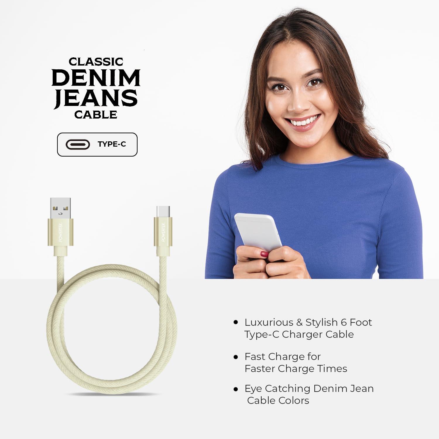 LIQUIPEL LIQUIPEL Powertek Type-C Fast Charger Cable, 6ft USB to Type-C for Galaxy, MacBook, and More, Denim (Cream)