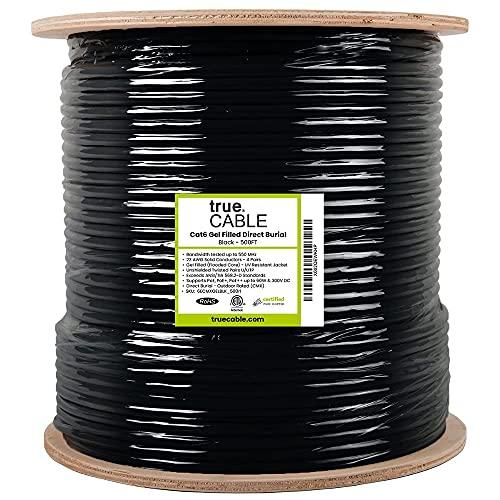 TRUE CABLE trueCABLE Cat6 Direct Burial, Gel Filled, 500ft, Black, Waterproof, CMX, 23AWG Solid Bare Copper, 550MHz, PoE++ (4PPoE), ETL Listed, Unshielded UTP, Bulk Ethernet Cable