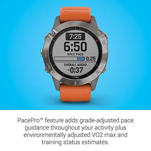 Garmin Garmin fenix 6 Sapphire, Premium Multisport GPS Watch, Features Mapping, Music, Grade-Adjusted Pace Guidance and Pulse Ox Sensors, Titanium with Orange Band