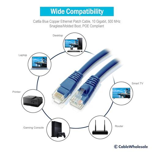 CableWholesale CableWholesale 50 Foot Blue Cat6a Ethernet Patch Cable, Snagless/Boot with RJ45 Connector, 500 MHz, 24 AWG, UTP(Unshielded Twisted Pair) Stranded Copper, Internet Patch Cable