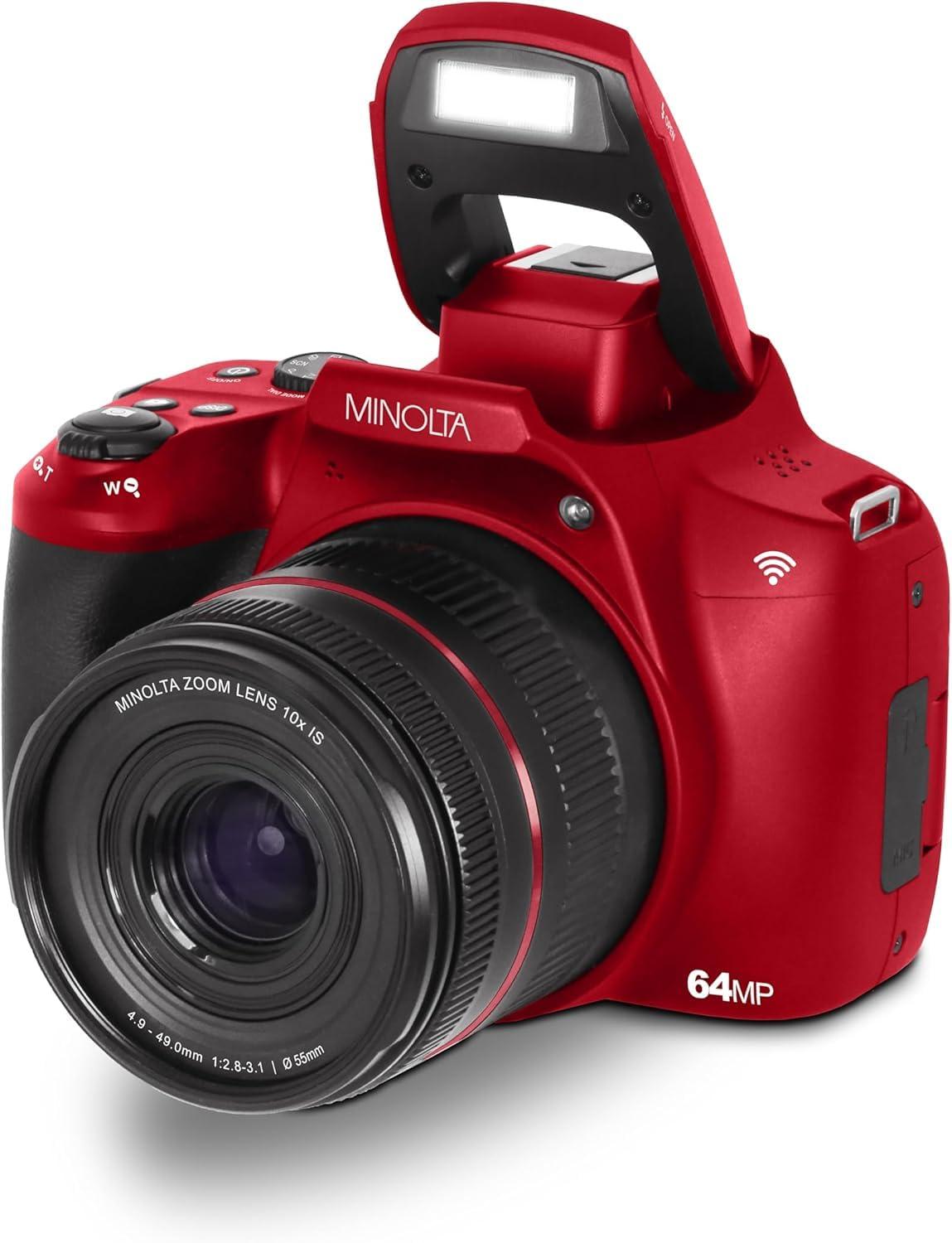 MINOLTA Minolta ProShot 64MP Digital Camera 10x Optical Zoom, 4K Ultra HD Video, Macro Shooting, Anti-Shake, 3-inch LCD Screen, Face Detection Includes 32GB SD Card, Battery & Case (Red)