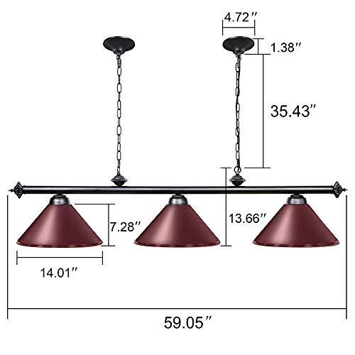 Wellmet Wellmet Pool Table Lights for 8'/9' Table with 3 Metal Shades, Billiard Lamp for Man Cave, Game Room, Kitchen Island Light for Restaurant Or Dining Room (Burgundy, 59 inch-3 Lights)