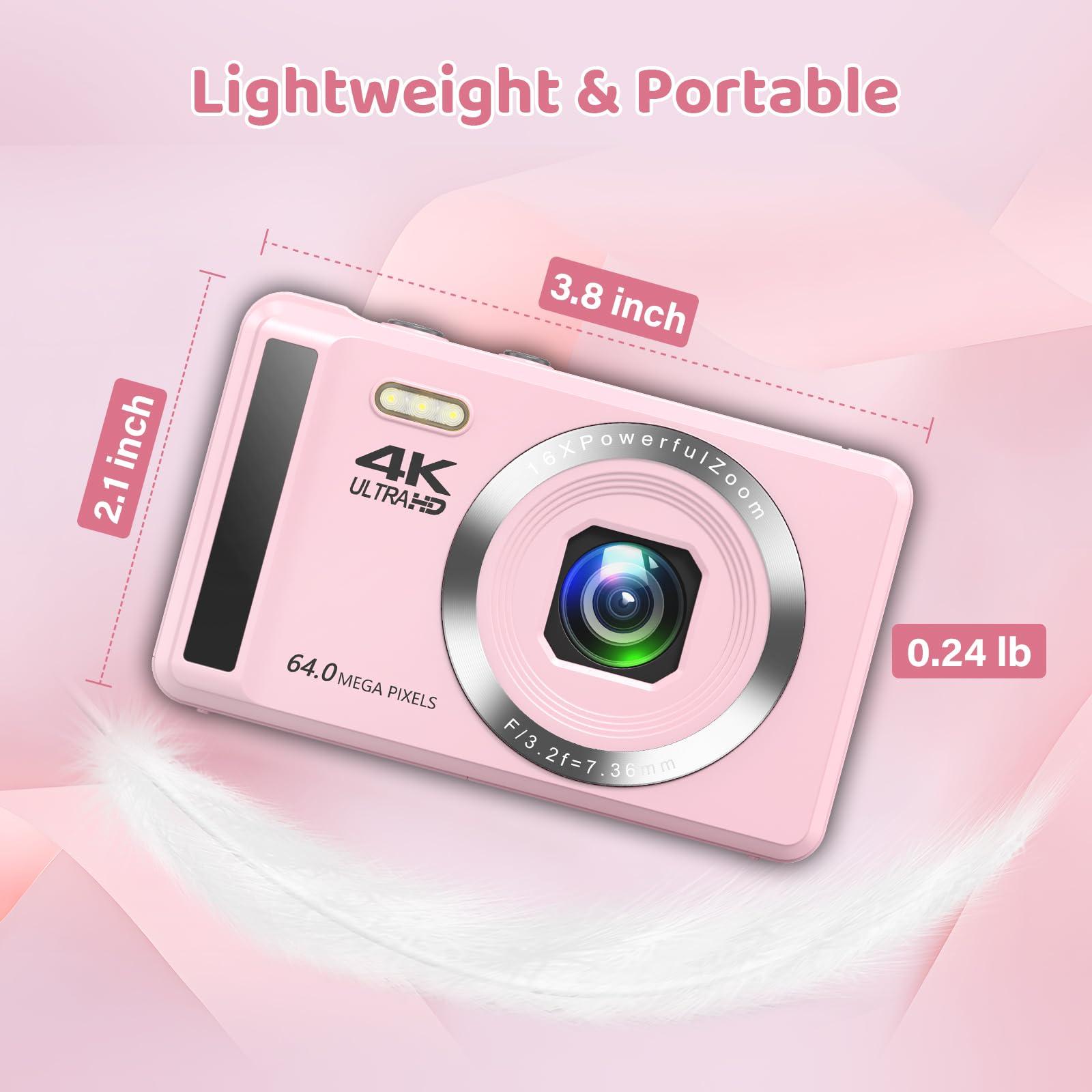 YiFuar Digital Camera - 4K 64MP Digital Camera with 16X Digital Zoom for Photography - UHD Vlogging Camera for Kids and Teens - Compact Point and Shoot Digital Cameras with 32GB SD Card (Pink)
