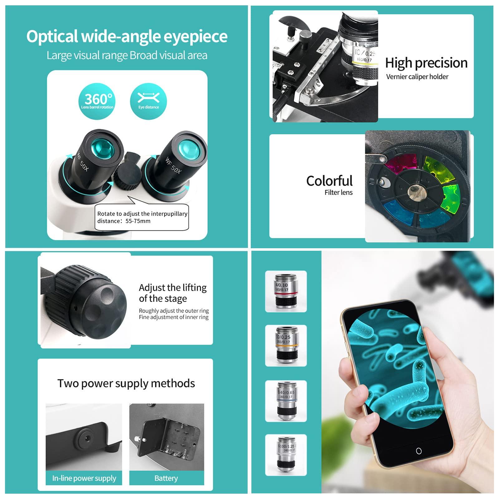 UNICOKA 6000x-15000x Biological Hd Microscope, Digital Led Lab Compound Microscope, with Wide-Field 10x + 50x Eyepieces + 30 Specimens + Display Screen,10000X