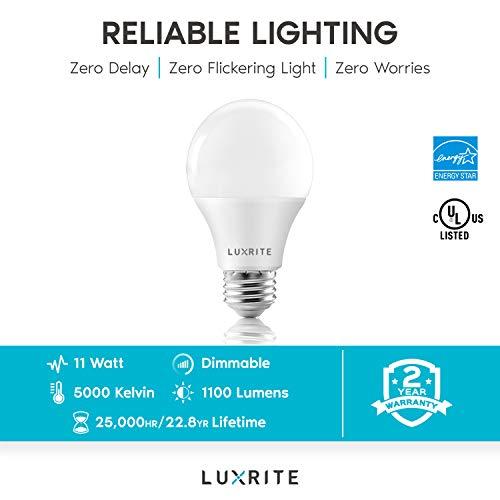 LUXRITE LUXRITE A19 LED Bulb 75W Equivalent, 1100 Lumens, 5000K Bright White, Dimmable Standard LED Light Bulbs 11W, Enclosed Fixture Rated, Energy Star, E26 Medium Base - Indoor and Outdoor (4 Pack)