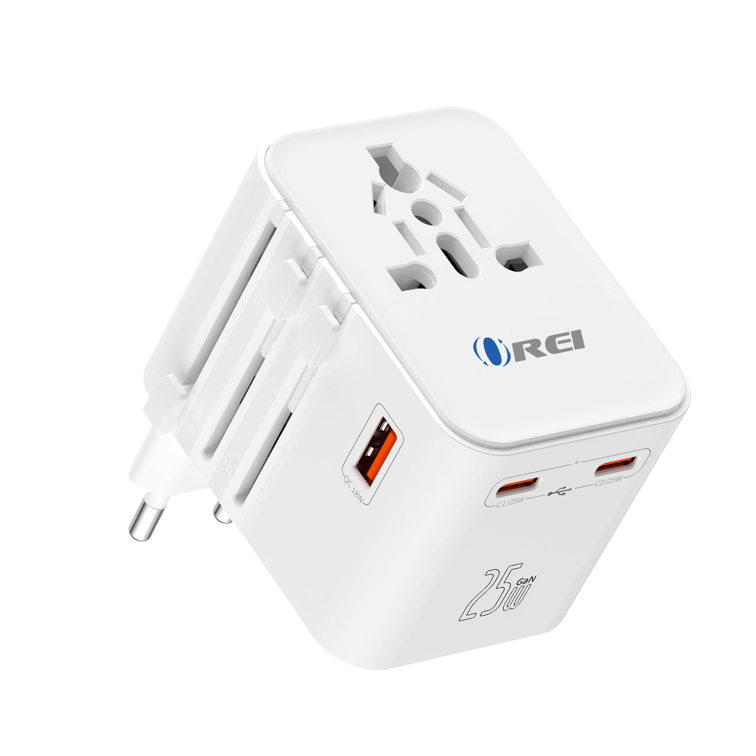 OREI OREI World Travel Plug Adapter - 2 USB + 1 Universal Outlets - Slots for Europe, Asia, China, Japan, Africa - Perfect for Cell Phones, Tablets, Cameras and More