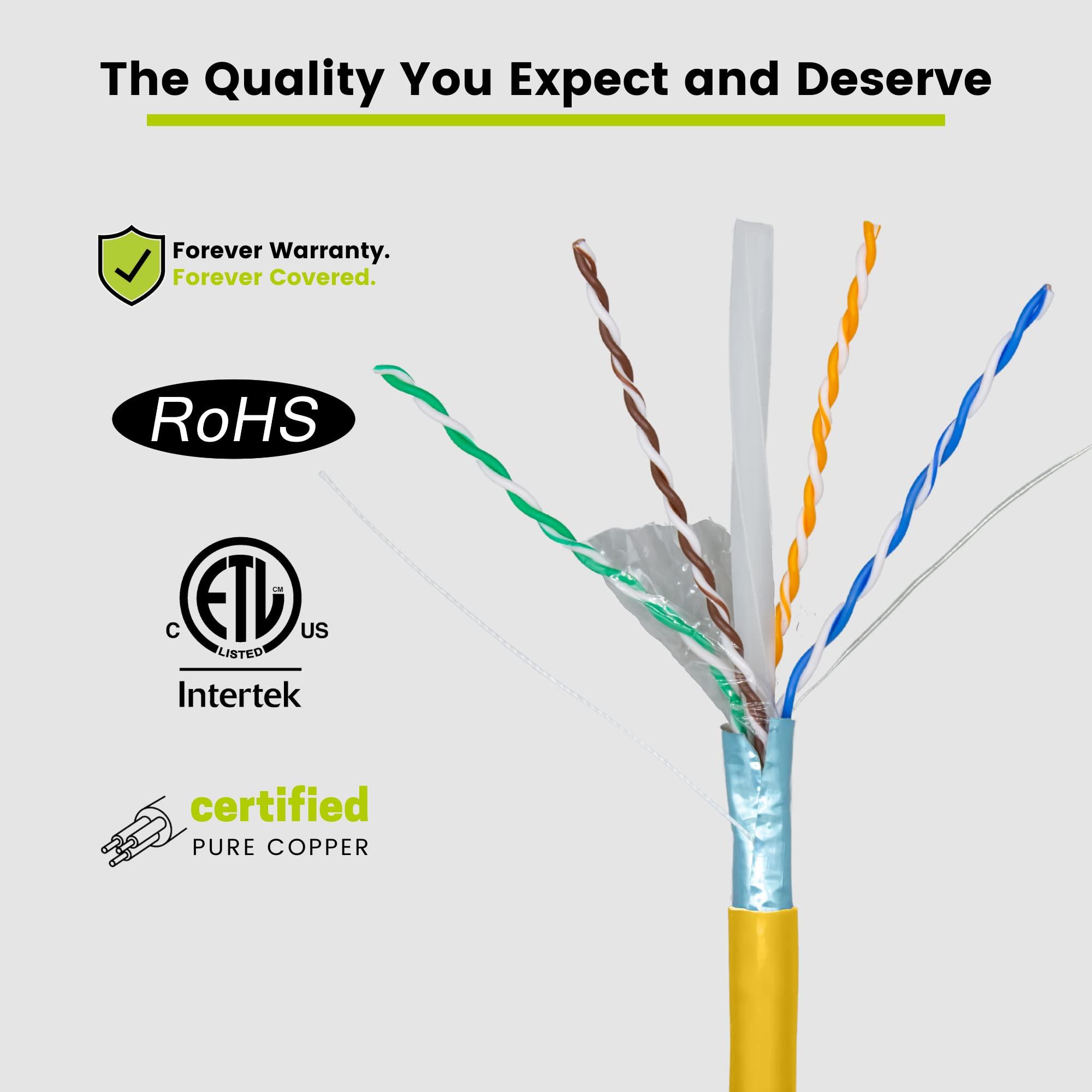 TRUE CABLE trueCABLE Cat6A Shielded Riser (CMR), 1000ft, Yellow, 23AWG Solid Bare Copper, 750MHz, PoE++ (4PPoE), ETL Listed, Overall Aluminum Foil Shield (F/UTP), Bulk Ethernet Cable