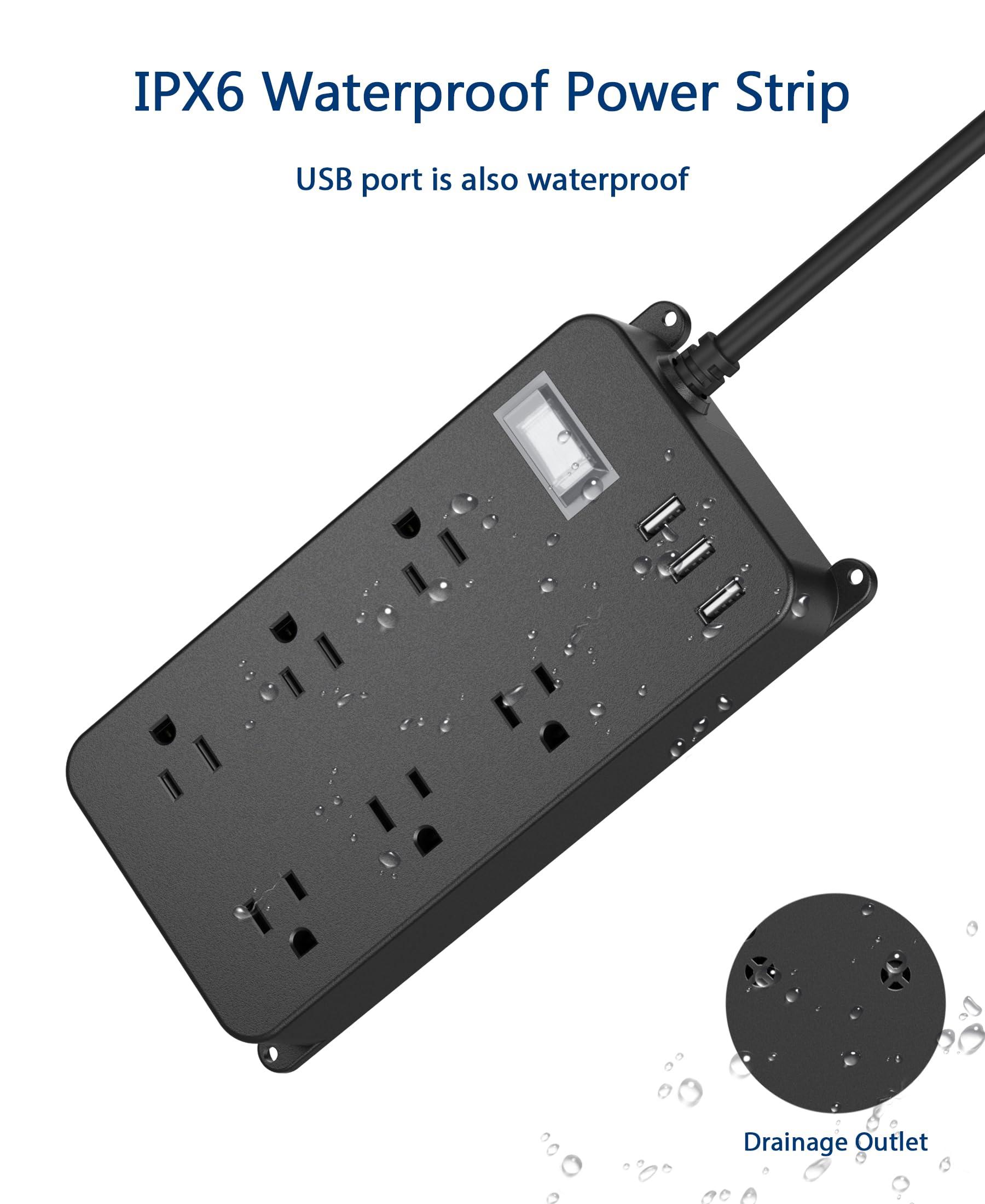 Jgstkcity Outdoor Power Strip Weatherproof with USB,Waterproof Surge Protector,3 USB Ports, 6 Outlets,Multi Plug Electrical Outlet for Camping,Garden,Home Office Patio Porch,etc,15FT Cord,Flat Plug