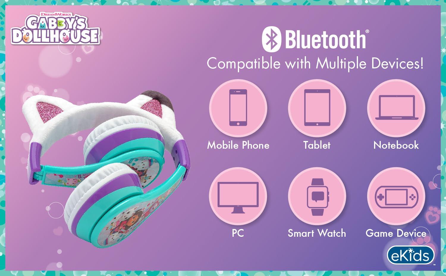 eKids eKids Gabbys Dollhouse Kids Wireless Headphones for Kids, Bluetooth Headphones with Microphone Includes Aux Cord, Kids Headphones for School, Home, or Travel
