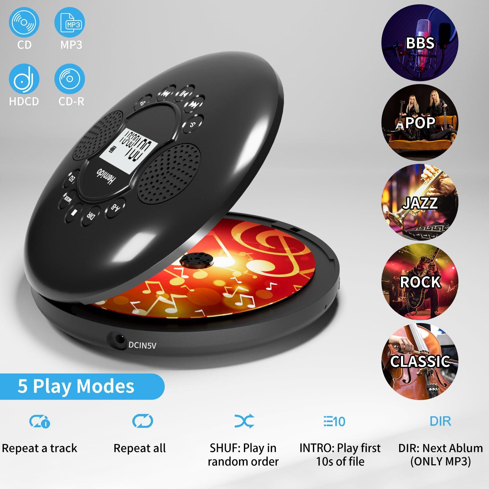 Hernido CD Player Portable, Hernido Portable CD Player for Car with Stereo Speakers, Rechargeable Walkman CD Player with Headphone, AUX, USB, Anti-Skip/Shockproof Discman for Home/Traval