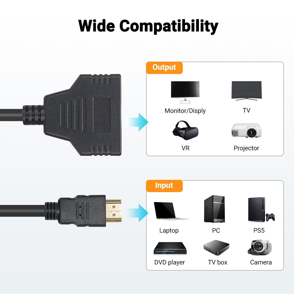Marmoin HDMI Cable Splitter 1 in 2 Out HDMI Adapter Cable HDMI Male to Dual HDMI Female 1 to 2 Way, Support Two TVs at The Same Time, Signal One In Two Out
