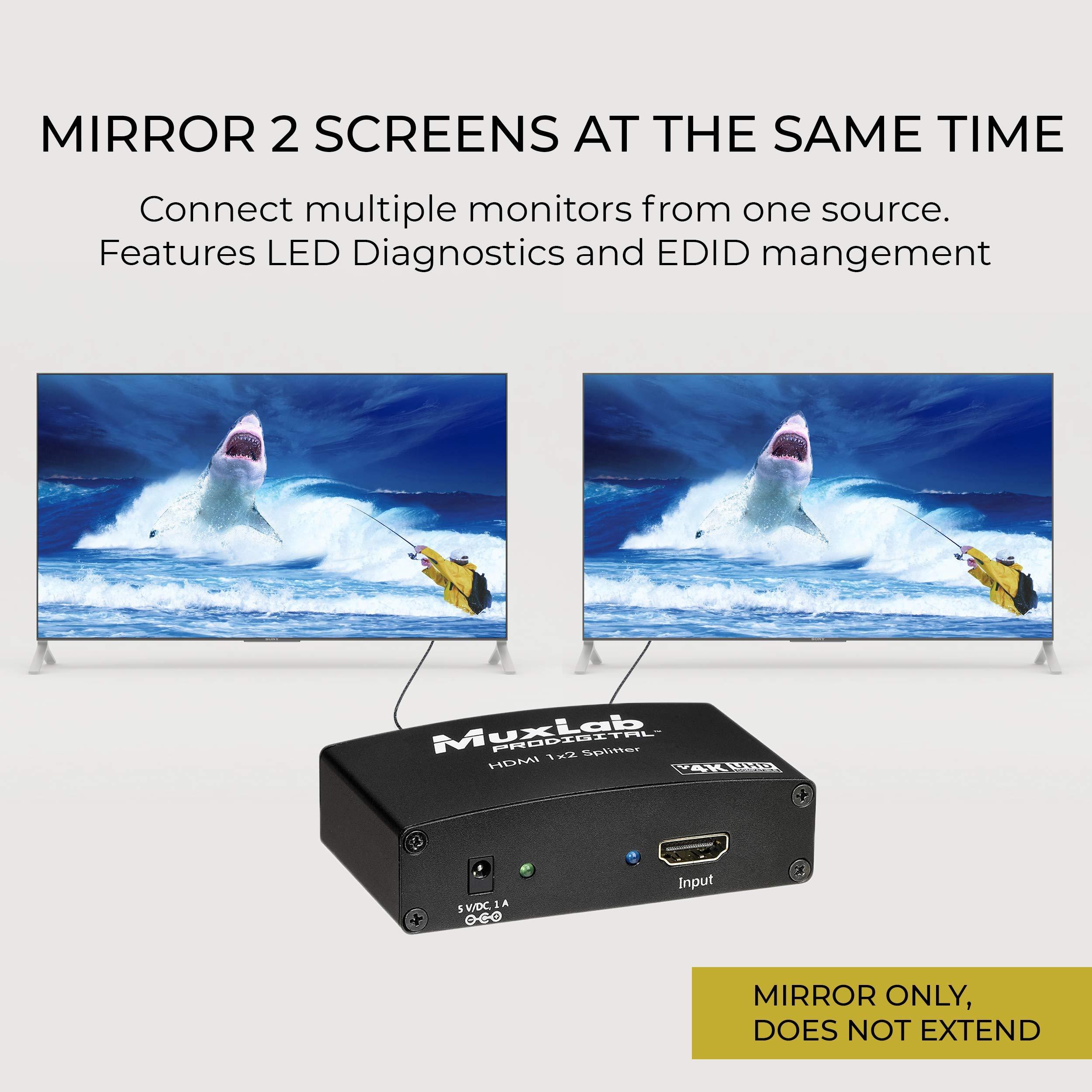Muxlab MuxLab 1x2 HDMI Splitter 1 in 2 Out, Supports 3D 4K@30HZ Full HD 1080P @ 60Hz for Xbox PS4 PS3 Fire Stick Roku Blu-Ray Player Apple TV HDTV (1 Source to 2 Displays, for Dual Duplicate Monitors)
