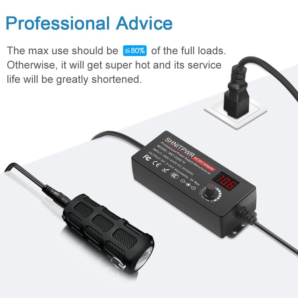SHNITPWR SHNITPWR 3V ~ 24V 3A 72W Power Supply Adjustable DC 3V 5V 6V 9V 12V 15V 16V 18V 19V 20V 24V Variable Universal AC/DC Adapter 100V-240V AC to DC Converter with 14 Tips 5.5x2.5mm 4.0x1.7mm 3.5x1.35mm