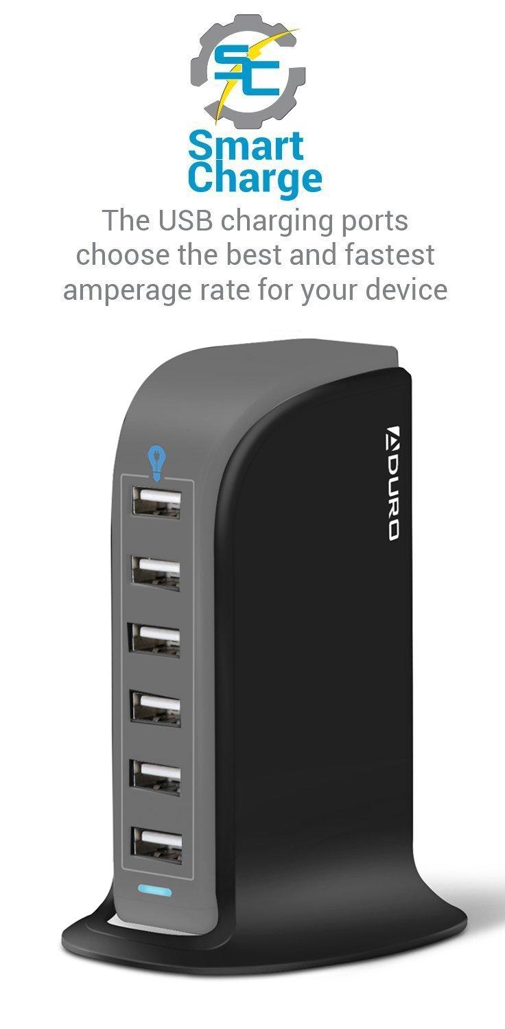 Aduro Aduro 40W 6-Port USB Desktop Charging Station Hub Wall Charger for iPhone iPad Tablets Smartphones with Smart Flow (Black/Grey)