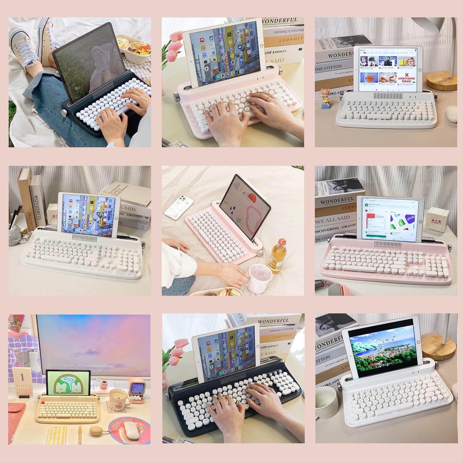 YUNZII YUNZII ACTTO B303 Wireless Typewriter Keyboard, Bluetooth Connection, Cute Retro Aesthetic Design with Integrated Stand for Tablet, Phone, PC and Win/Mac/Android(B303, Baby Pink)