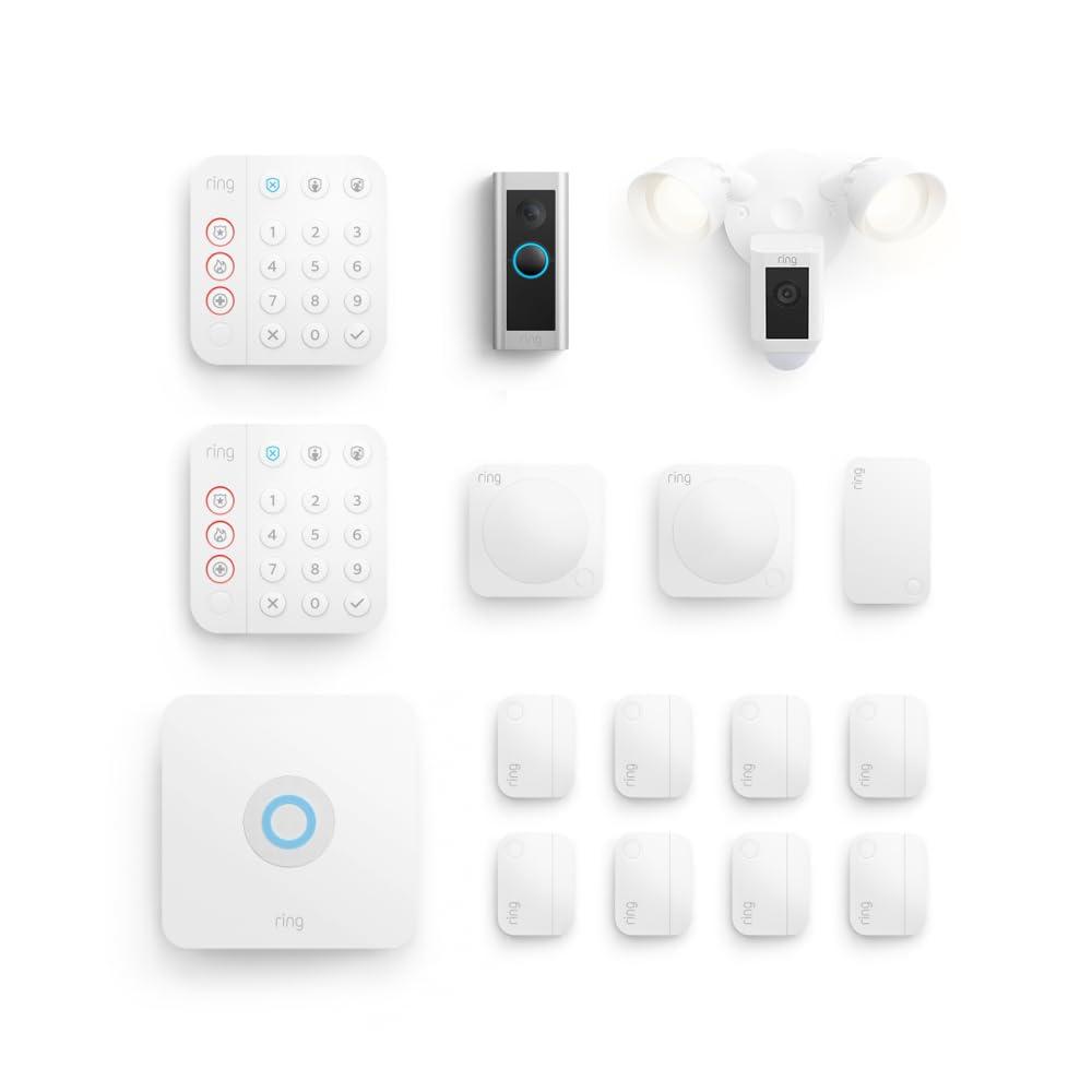 Ring Ring Wired Doorbell Pro (Video Doorbell Pro 2) with Ring Floodlight Cam Wired (White) and Ring Alarm 14-Piece (White)
