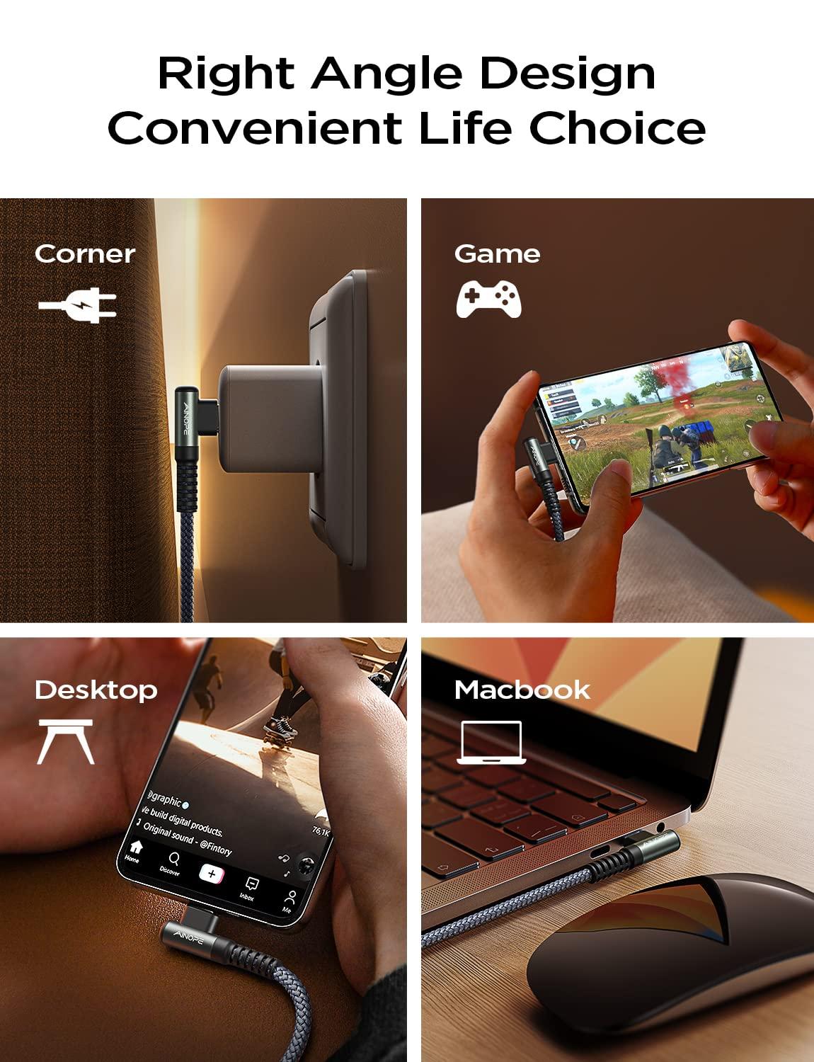 AINOPE AINOPE 240W High Speed USB C Cable [3.3ft] USBC to USBC Cable, Right Angle C to C Cable Fast Charging Compatible with iPhone 16 Charger Cord, iPad Pro,MacBook Air 2024 M4,Samsung Galaxy S24, Grey