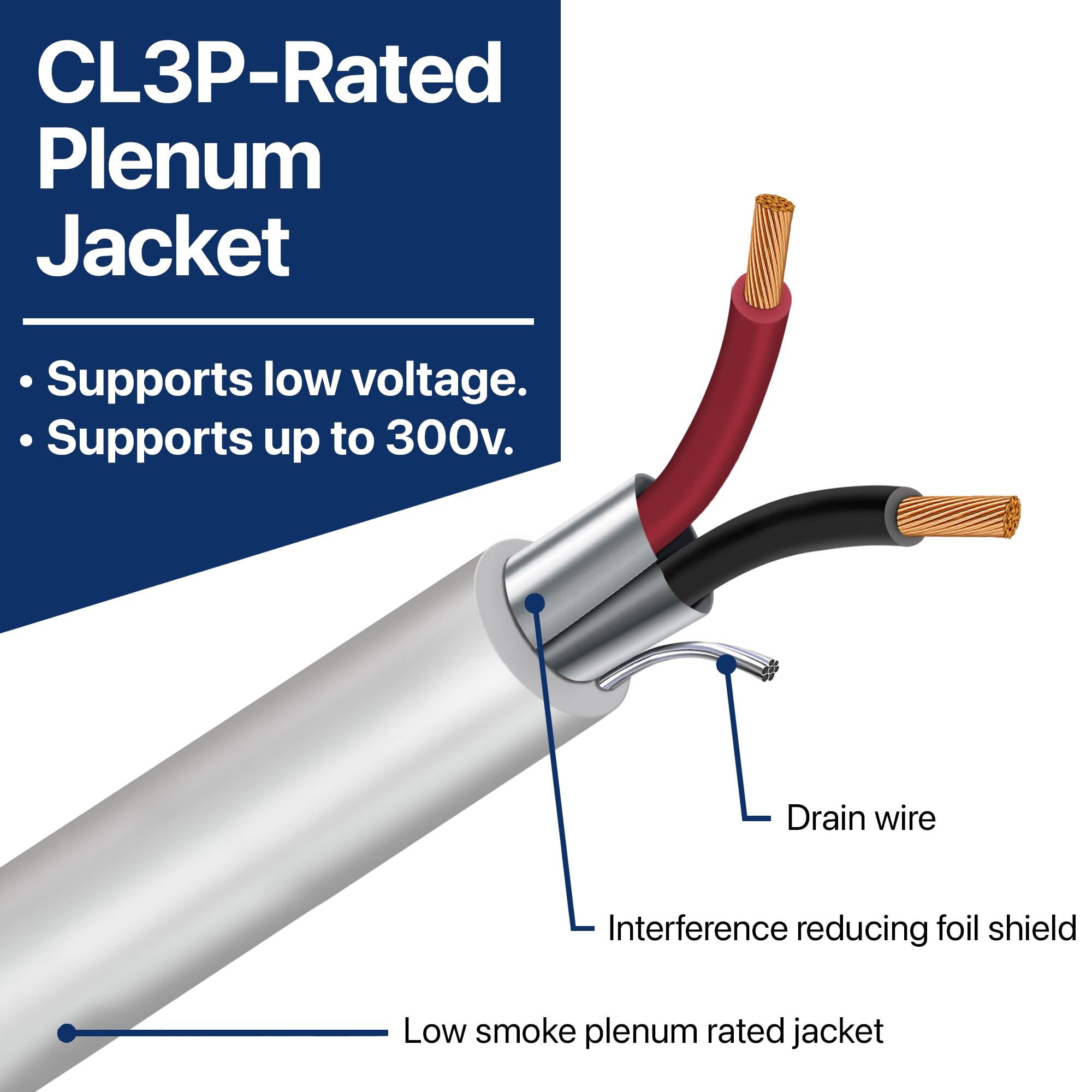 Custom Cable Connection Custom Cable Connection 16 AWG 2 Conductor Stranded Shielded Plenum Cable White CL3P Jacket for Security/Alarm/Access Control/Sound - 100 Foot Roll in a bag