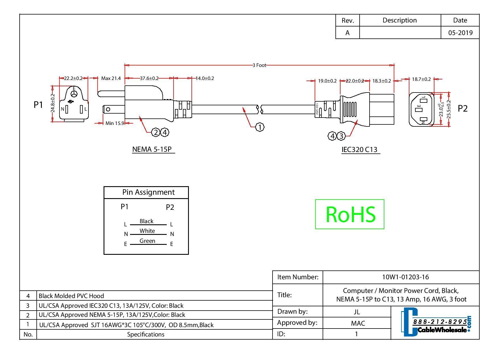CableWholesale CableWholesale 10 feet Computer/Monitor Power Cord, C13 Female to NEMA 5-15P Male Plug, 3 Pin, 16 AWG, SJT, 13 Amp, C13 to Nema 5-15P Power Cable for PC/Monitor, Black