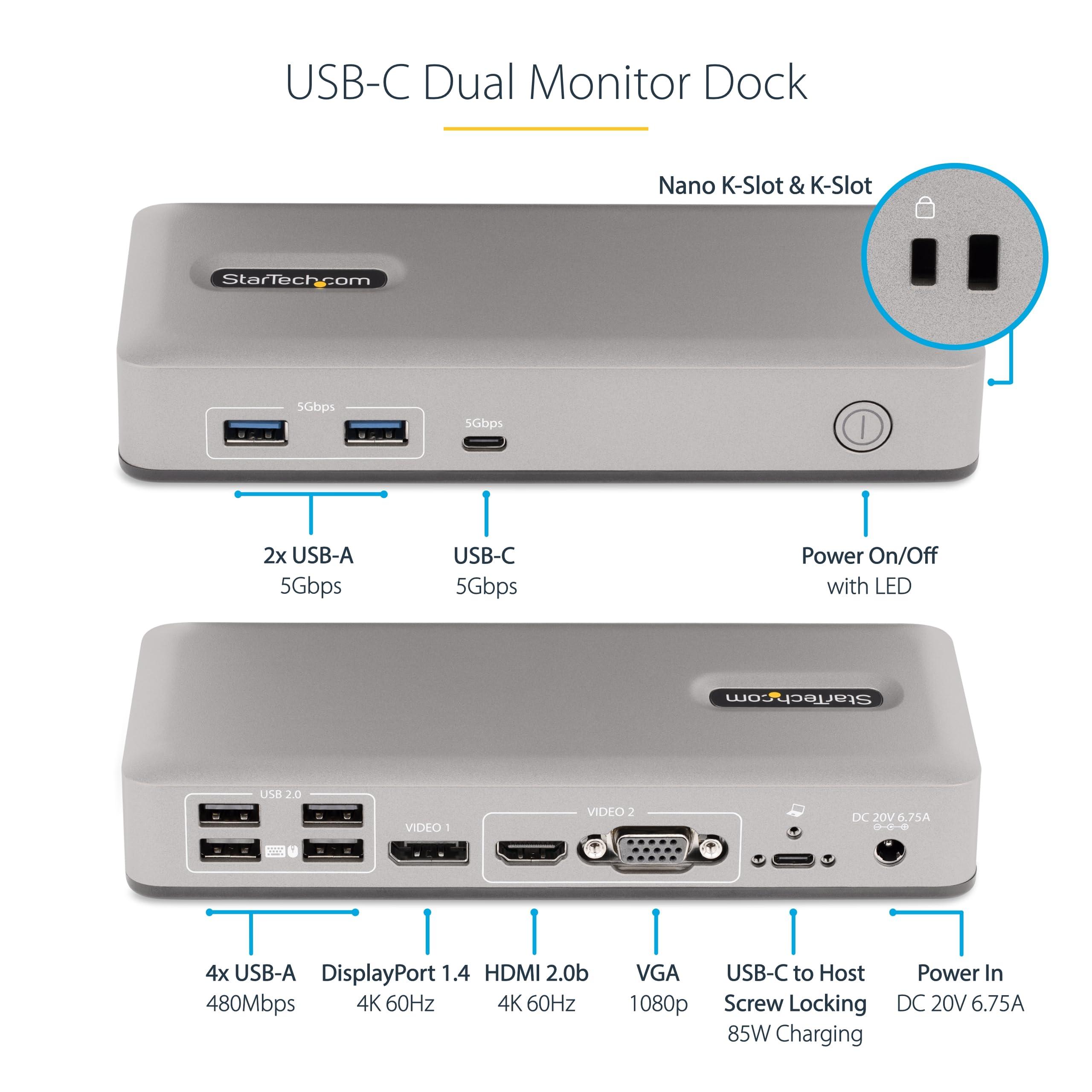 StarTech StarTech.com Dual-Monitor USB-C Docking Station, DisplayPort & HDMI or VGA, Multi Monitor Dock up to 4K 60Hz - USB 3.2/3.1 (5Gbps) Type-C Dock - 7X USB Hub, 85W PD, Windows & ChromeOS, TAA