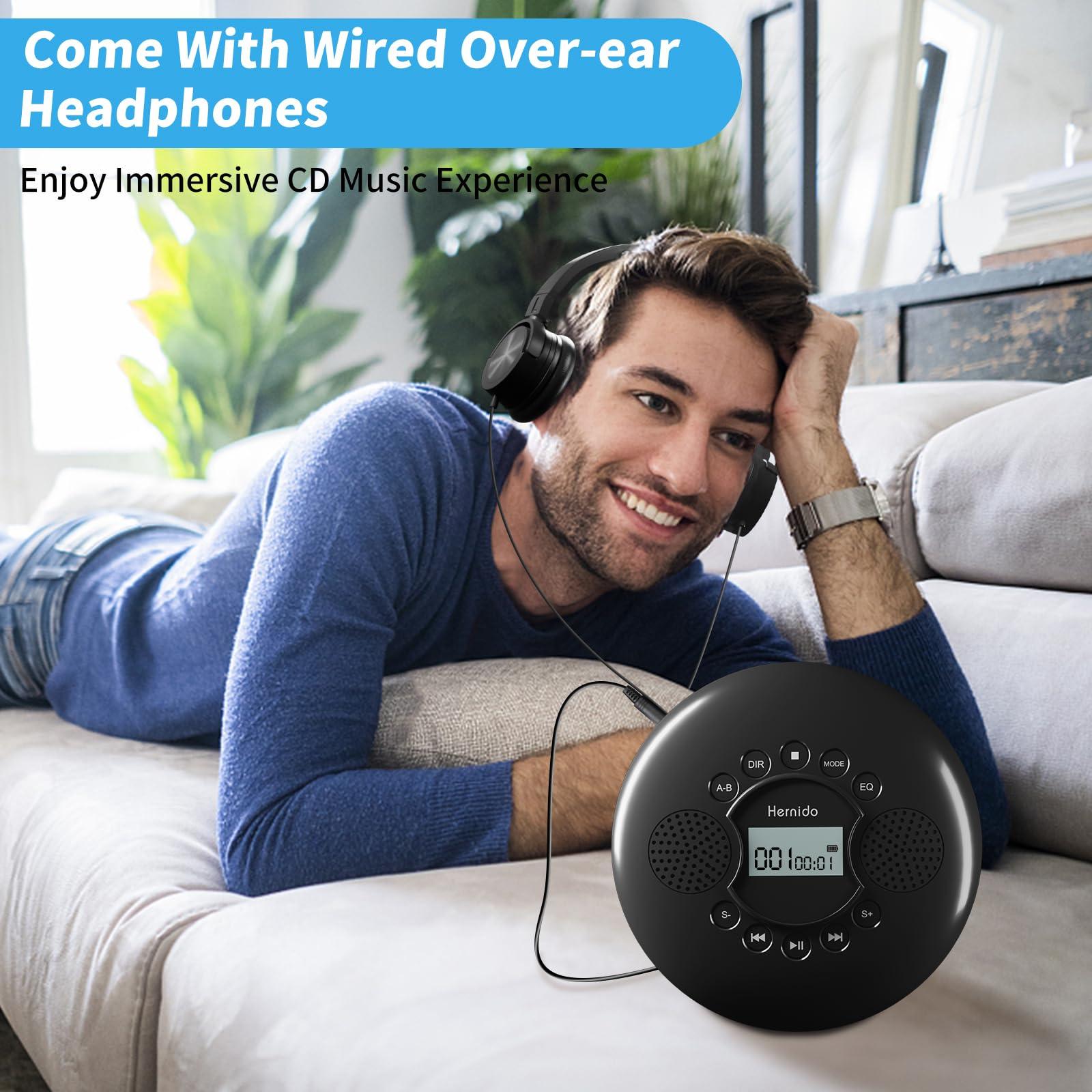 Hernido CD Player Portable, Hernido Portable CD Player for Car with Stereo Speakers, Rechargeable Walkman CD Player with Headphone, AUX, USB, Anti-Skip/Shockproof Discman for Home/Traval