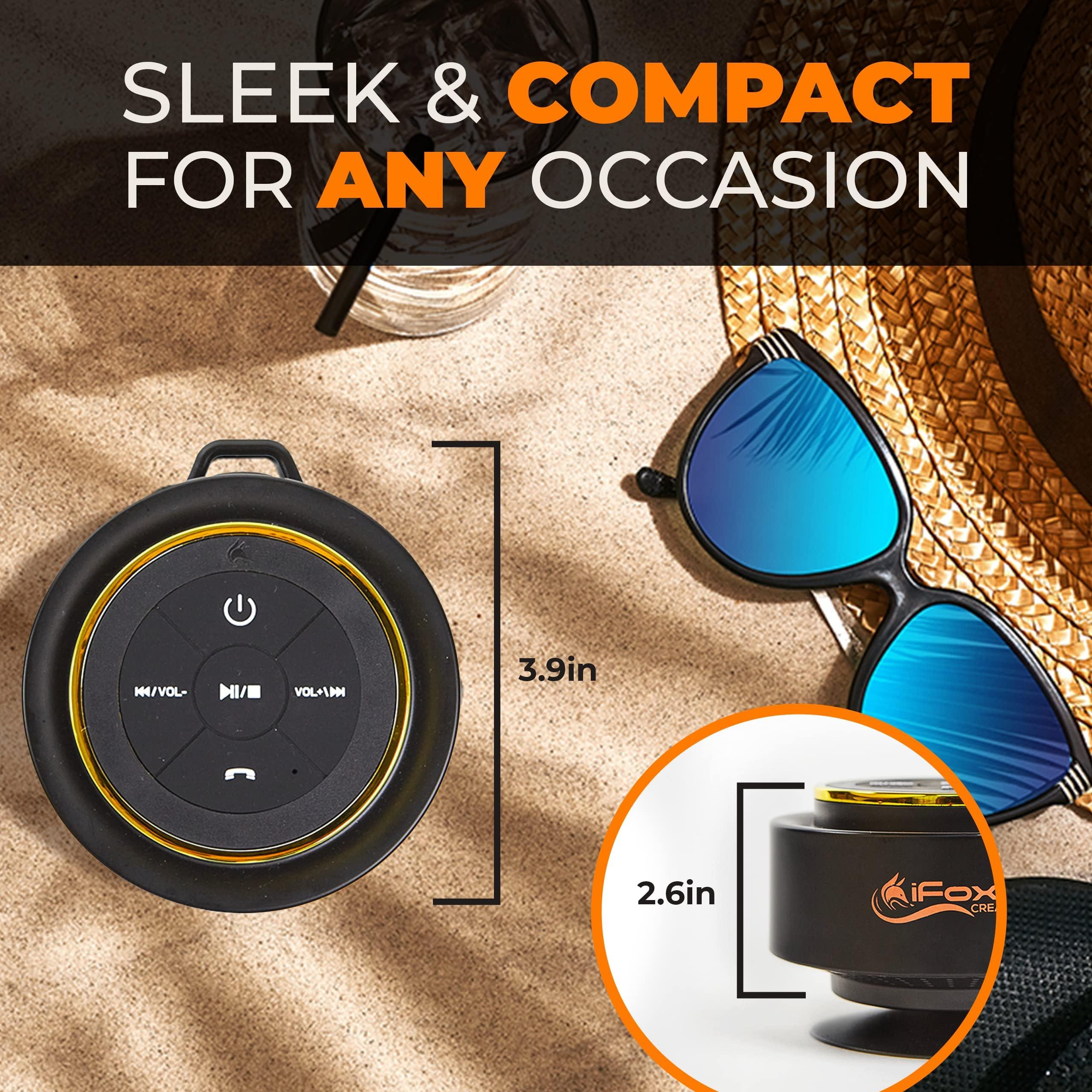 iFox Creations iFox Portable Bluetooth Shower Speaker, IPX7 Waterproof Outdoor Wireless Speaker, Built-in Mic, Carabiner, Beach, Camping, Hiking, Pool, Great Gift, Black/Gold