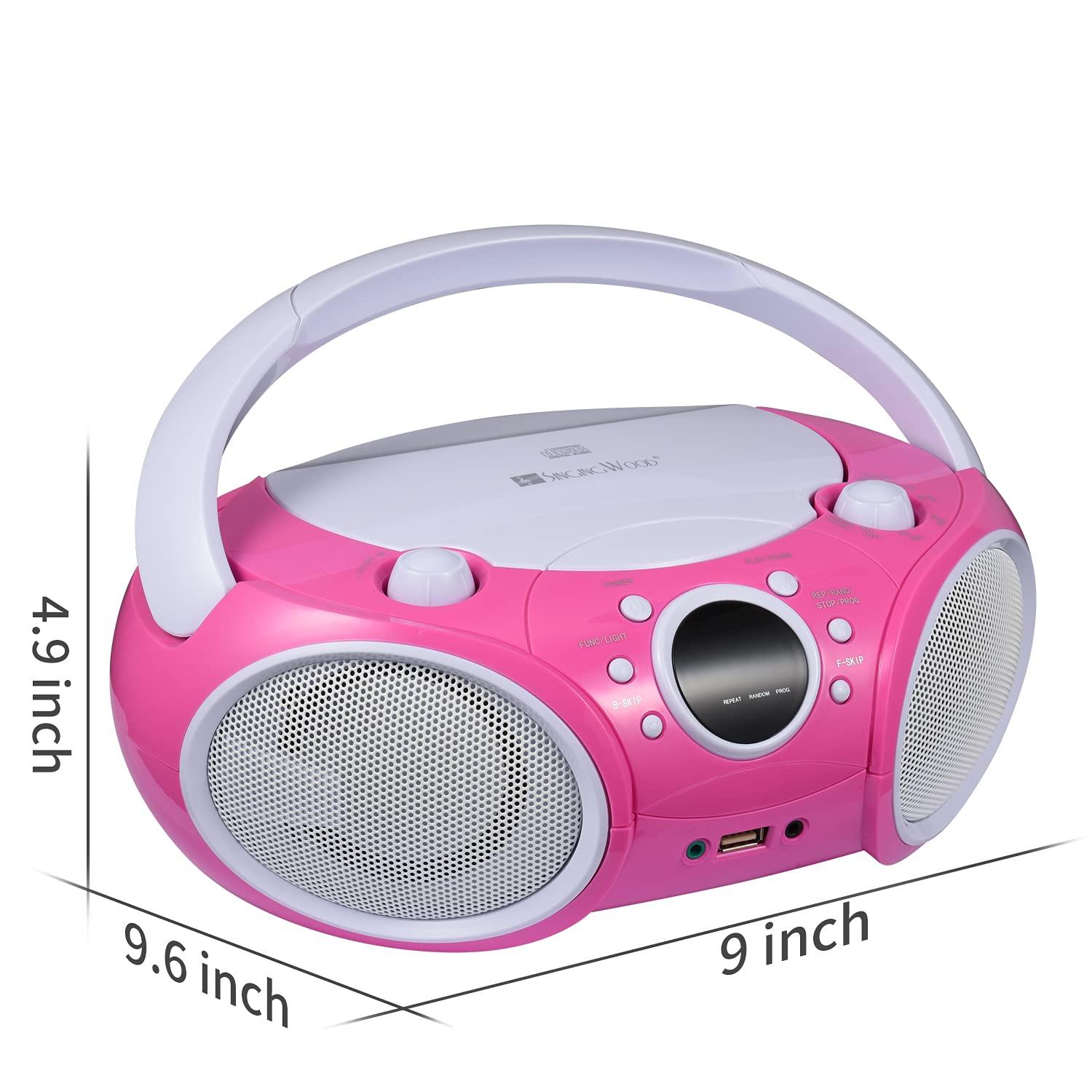 SINGING WOOD SINGING WOOD 030BTL, CD Player Boombox CD/CD-R/CD-RW, Portable w/Bluetooth, USB, AM/FM Radio, AUX-Input, Headset Jack, Foldable Carrying Handle and LED Light (Kitty Pink)