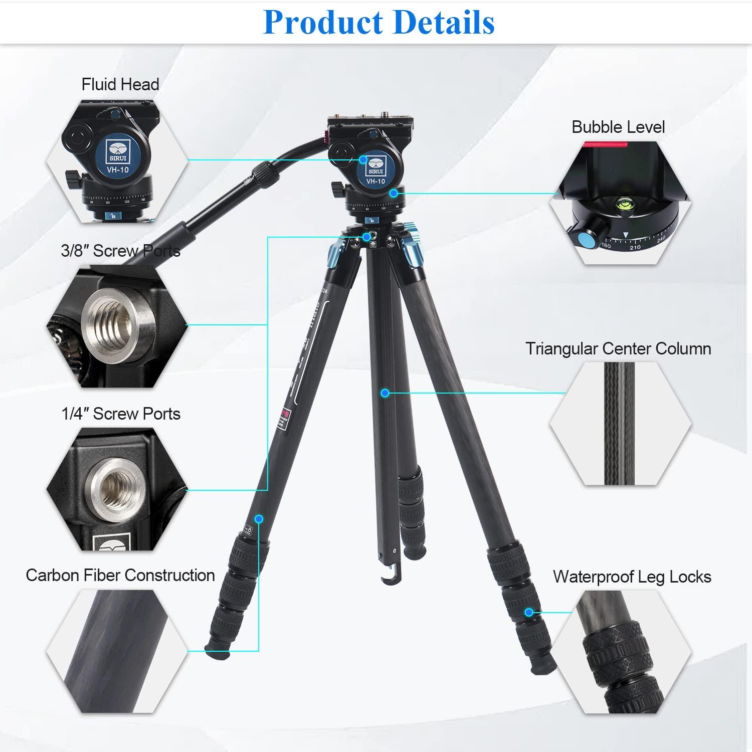 Sirui SIRUI Professional Carbon Fiber Tripod with 360Fluid Video Head, 72.6 Waterproof Video Camera Tripod with Triangular Center Column, Large Tube for DSLR, Camcorder, Load 13.2lbs (ST-224+VH-10)