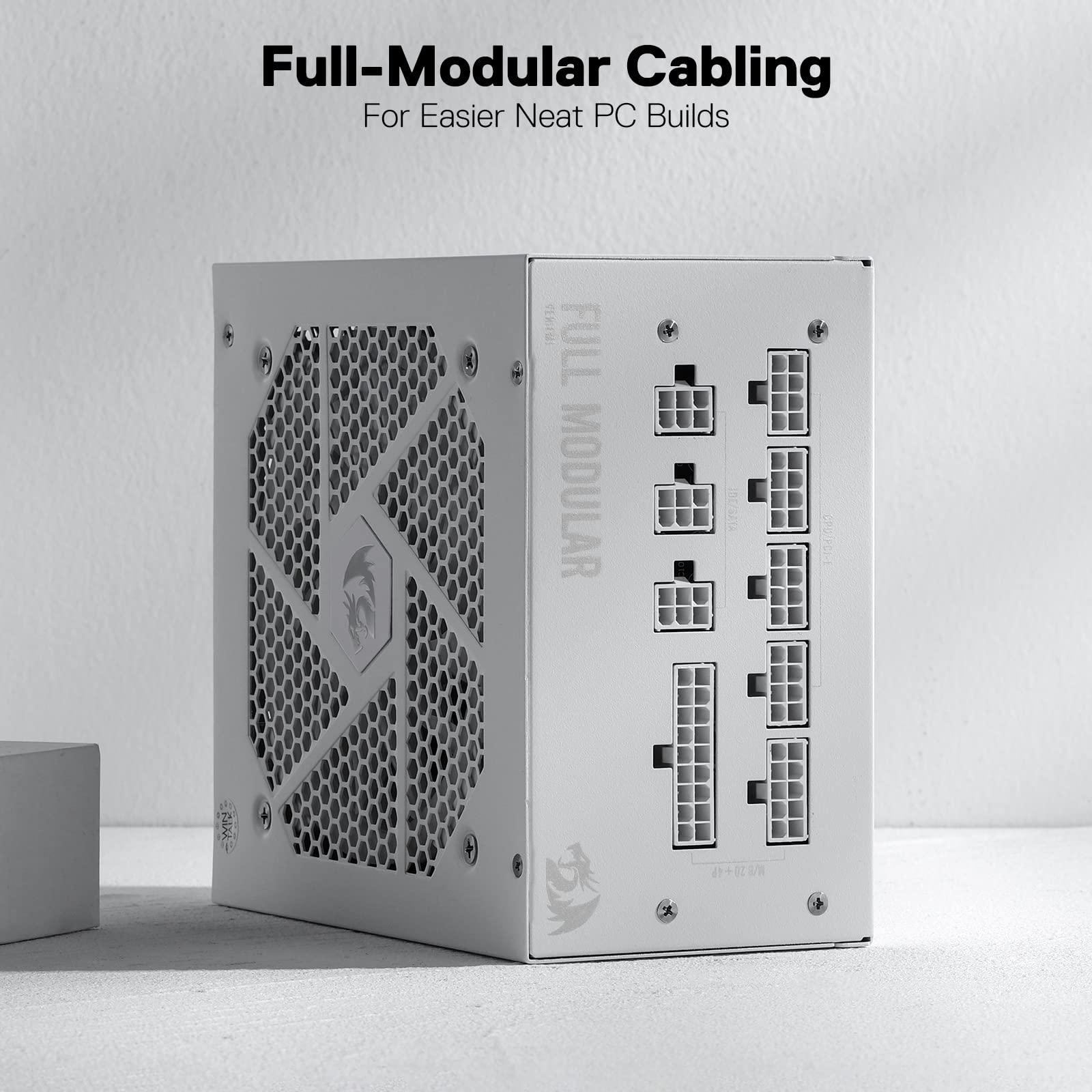 Redragon Redragon RGPS-750W 80+ Gold 750 Watt ATX Fully Modular Power Supply w/ 80 Plus Gold Certified, Compact 160mm Size and Low Noise RGB Fan 0 RPM, 100% Japanese Capacitors, Full Mod Cables, White