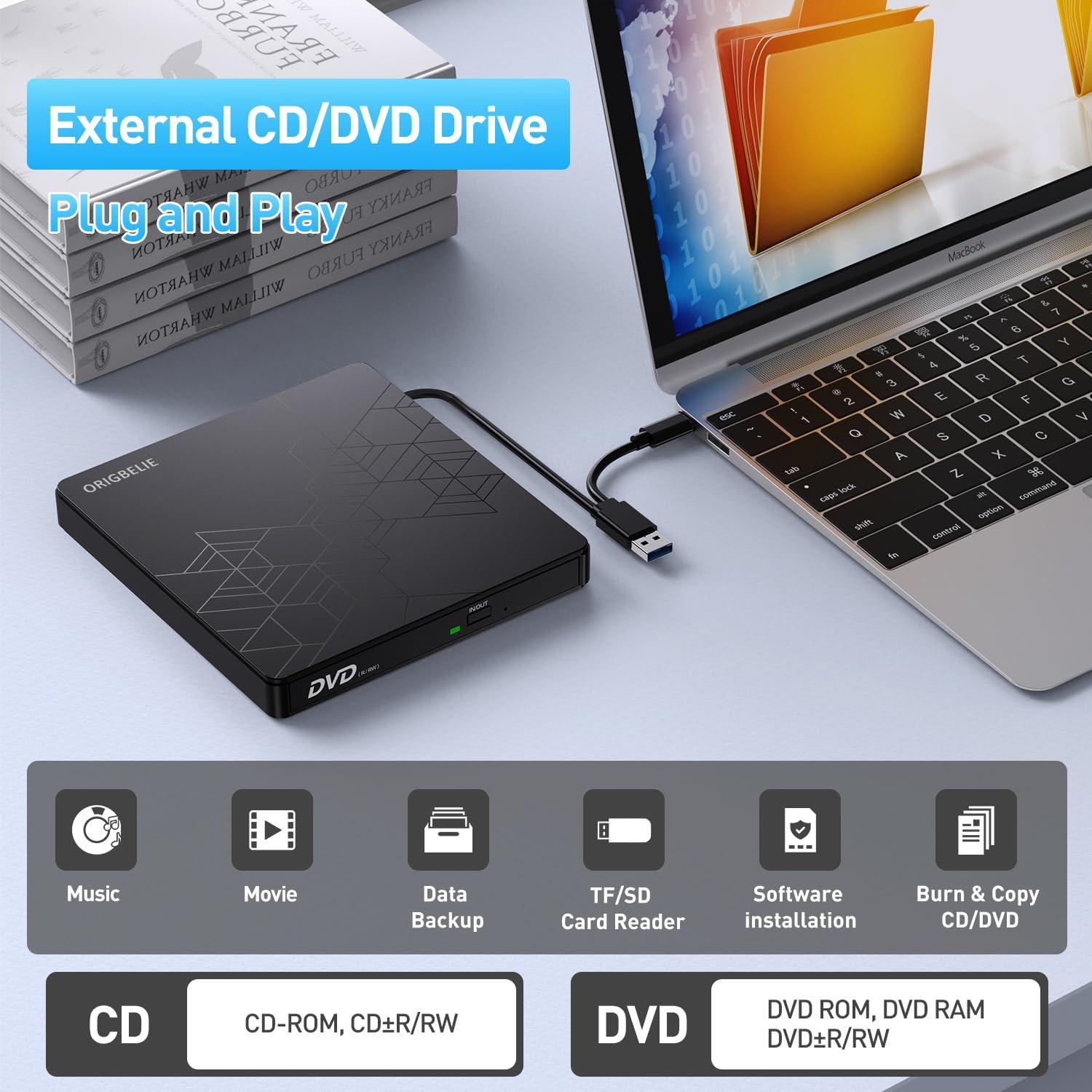 ORIGBELIE ORIGBELIE External DVD Drive, CD Drive USB 3.0 Typle C CD/DVD ROM +/-RW Adapter with USB Port DVD Burner for Laptop PC Desktop Computer, Optical Disk Drive CD Player Compatible with Mac Windows Linux