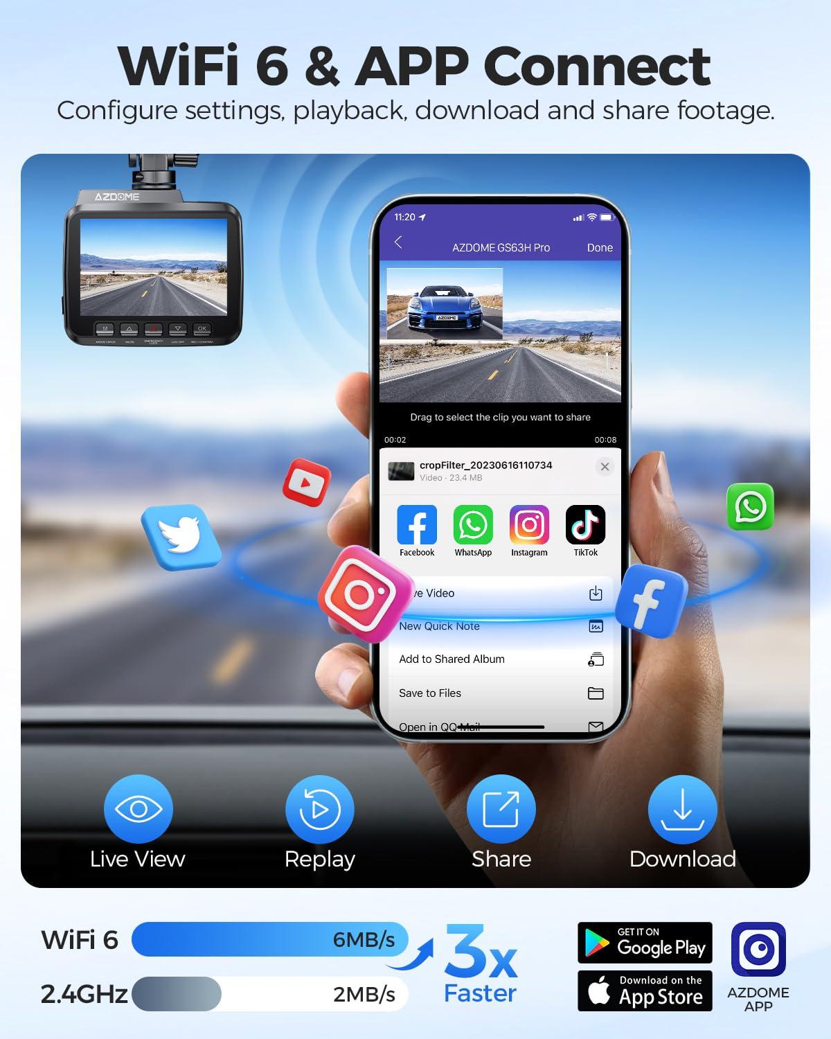 AZDOME AZDOME 4K Dash Cam Front and Rear, STARVIS Night Vision, UHD 2160P WiFi Dash Camera for Cars with GPS, Included 64GB Card, 2.4" IPS Screen Dashcam, 170Wide Angle, WDR, 24H Parking Mode (GS63H Pro)