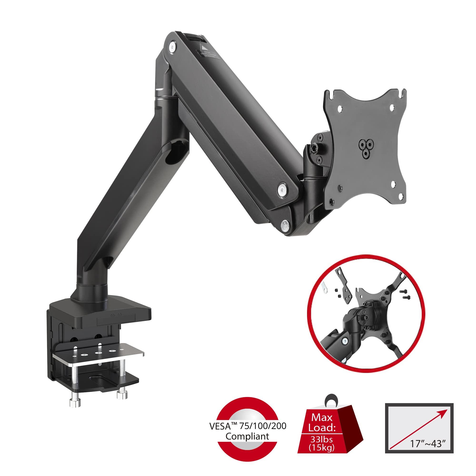 SIIG SIIG Single Monitor Desk Mount, 17\" to 43\", Heavy-Duty Premium Gas Spring, Fits Flat/Curved/Ultrawide Monitor, Load 33 lbs Max, VESA 75x75 100x100, 200x200, C-Clamp and Grommet Base (CE-MT2Z11-S1)