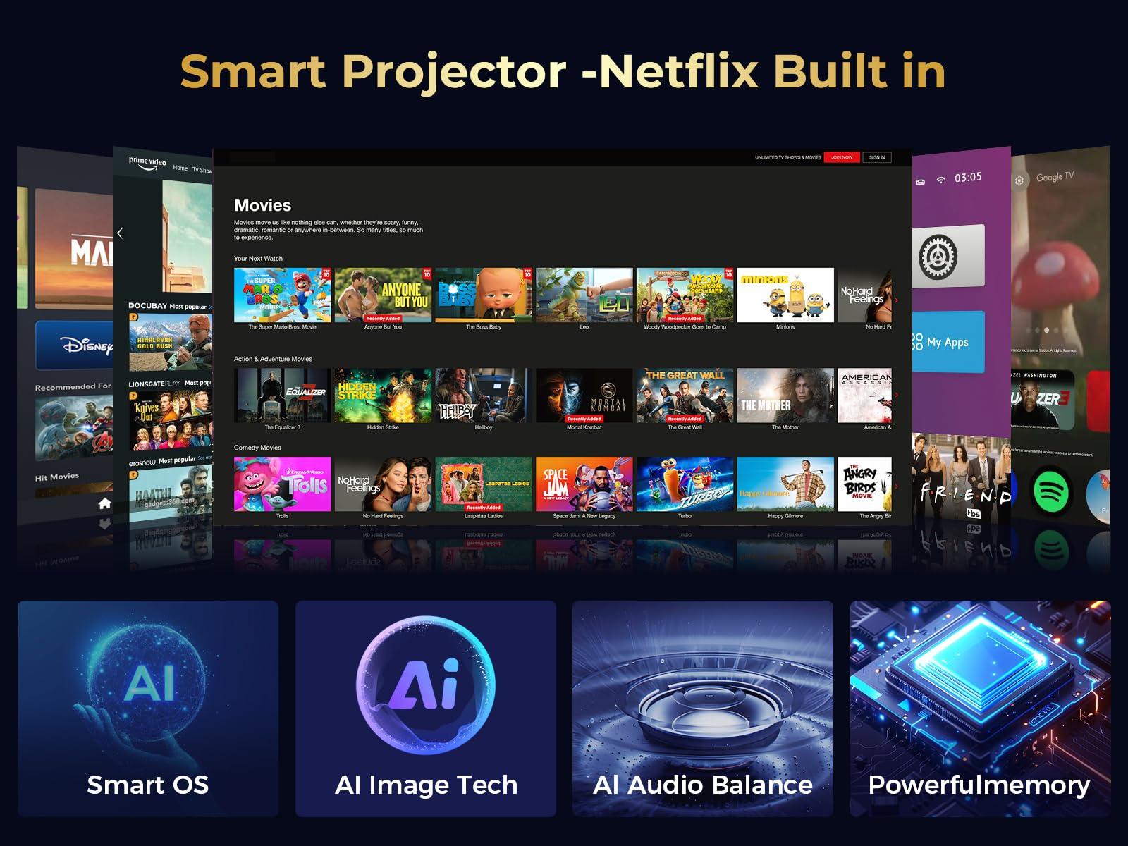 GooDee GooDee Smart 4K Projector with 5G WIFI and Bluetooth, Netflix/Amazn Prime Video Certified, Dolby Audio, Outdoor Projector, 400" Zoom Home Theater Projector Compatible with TV Stick,iOS,Android