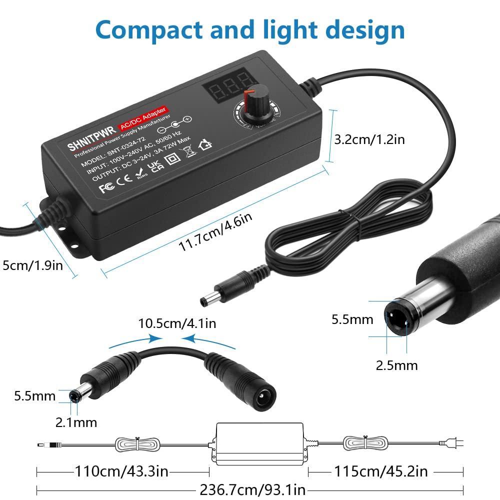 SHNITPWR SHNITPWR 3V ~ 24V 3A 72W Power Supply Adjustable DC 3V 5V 6V 9V 12V 15V 16V 18V 19V 20V 24V Variable Universal AC/DC Adapter 100V-240V AC to DC Converter with 14 Tips 5.5x2.5mm 4.0x1.7mm 3.5x1.35mm