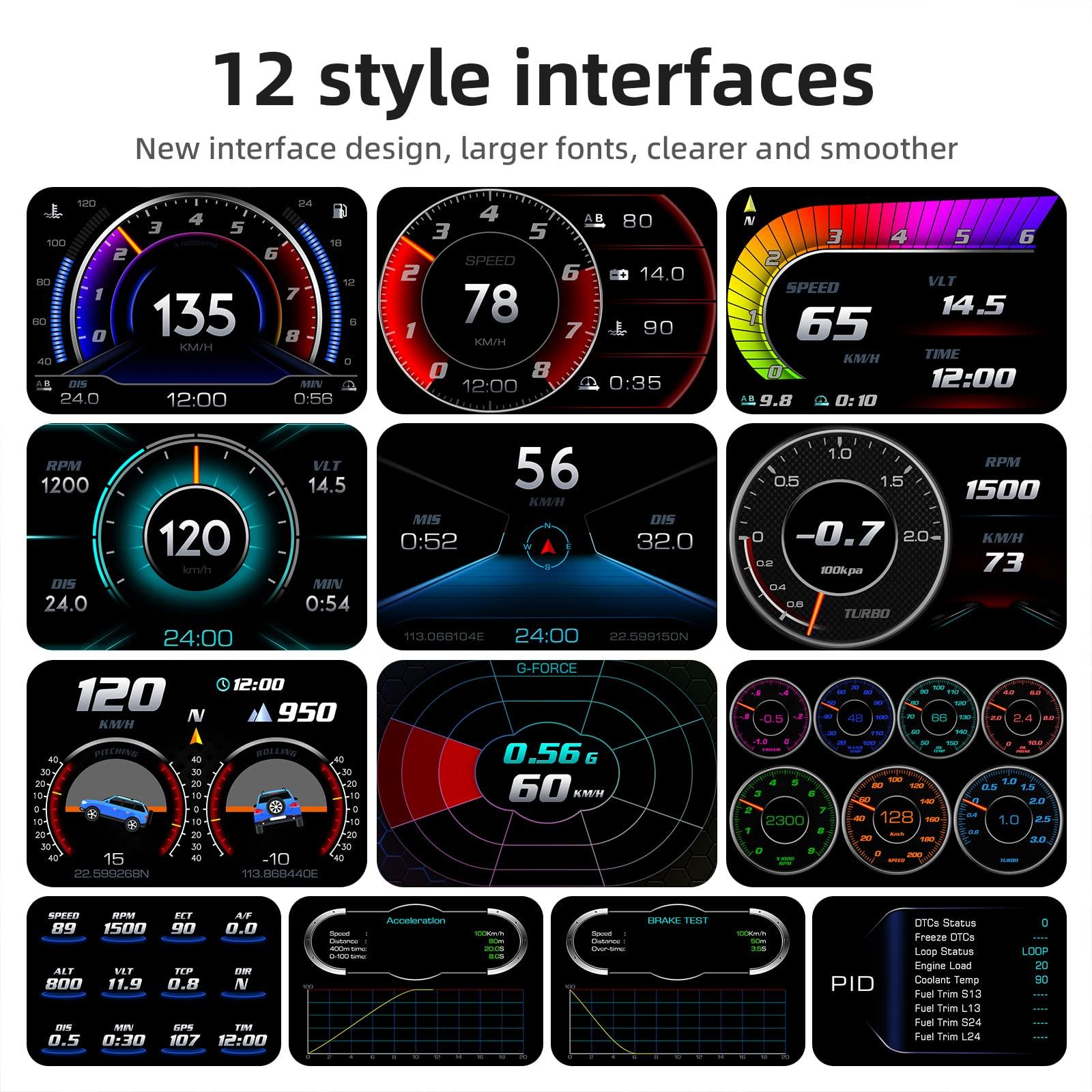 AZIJYV AZIJYV Obd2 Gauge Display with Speed, Heads Up Display for Cars P24, Fuel Consumption, RPM, Overspeed Alarm, OBD+GPS Digital Speedometer Suitable for All Car