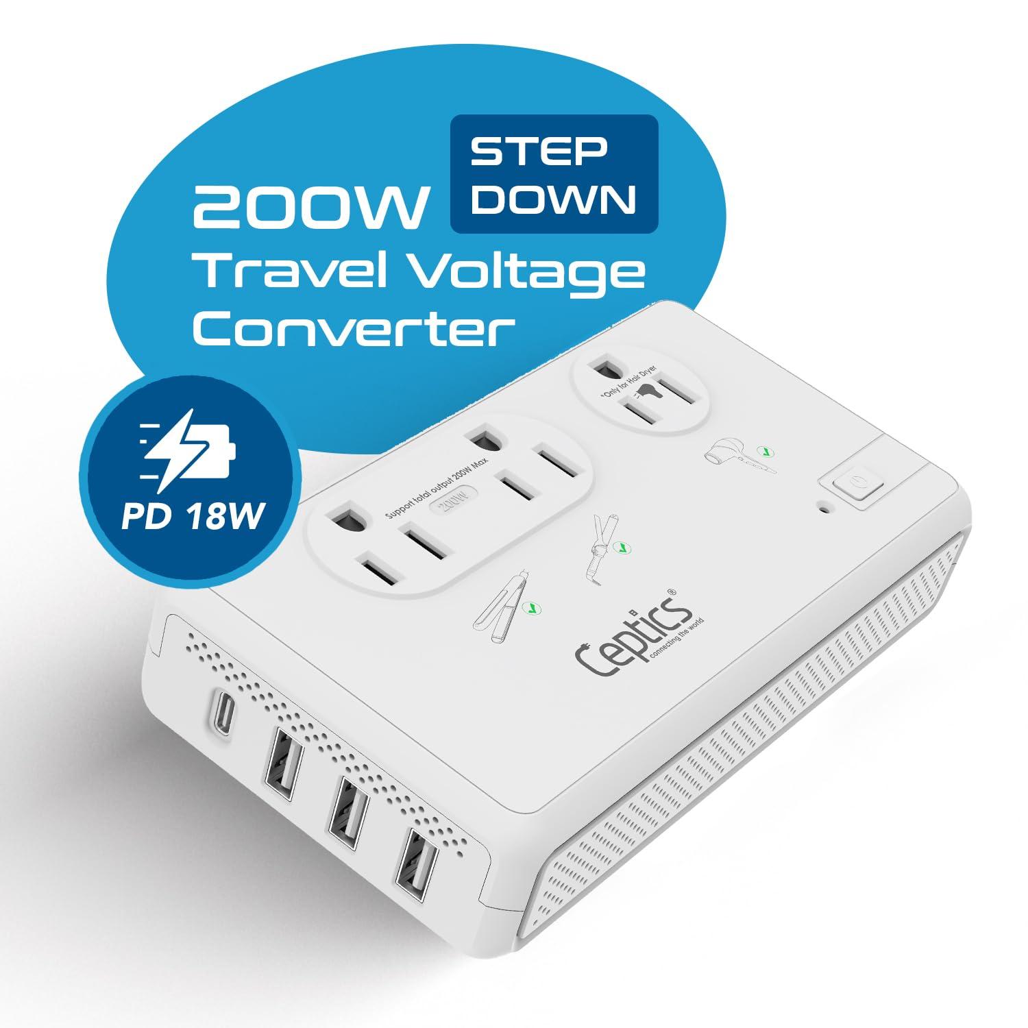 Ceptics Ceptics 2000W Travel Voltage Converter for Hair Dryer & 200W Convert 220V to 110V for Curling Iron, Straightener, Chargers, Step Down World Power 4 USB Charging QC 3.0 SWadApt Type A, B, C, E/F, G, I