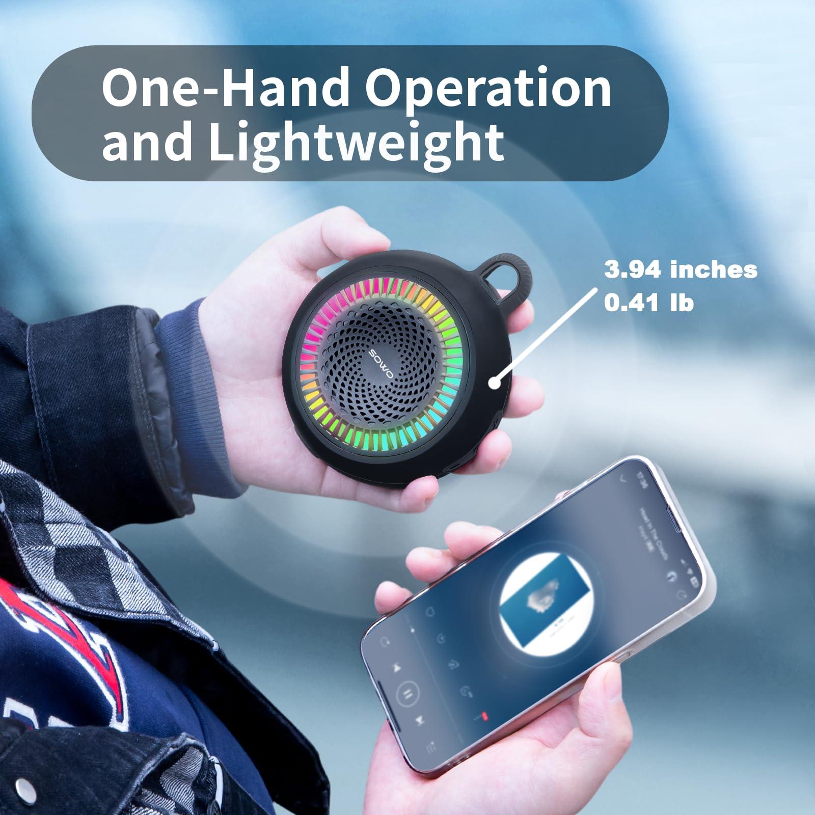 SOWO Bluetooth Shower Speaker Waterproof | Small Portable Bluetooth Speaker Wireless with Clip | Powerful Bass and Louder Volume | Colorful Lights and Lightweight | with TWS Pairing | Black