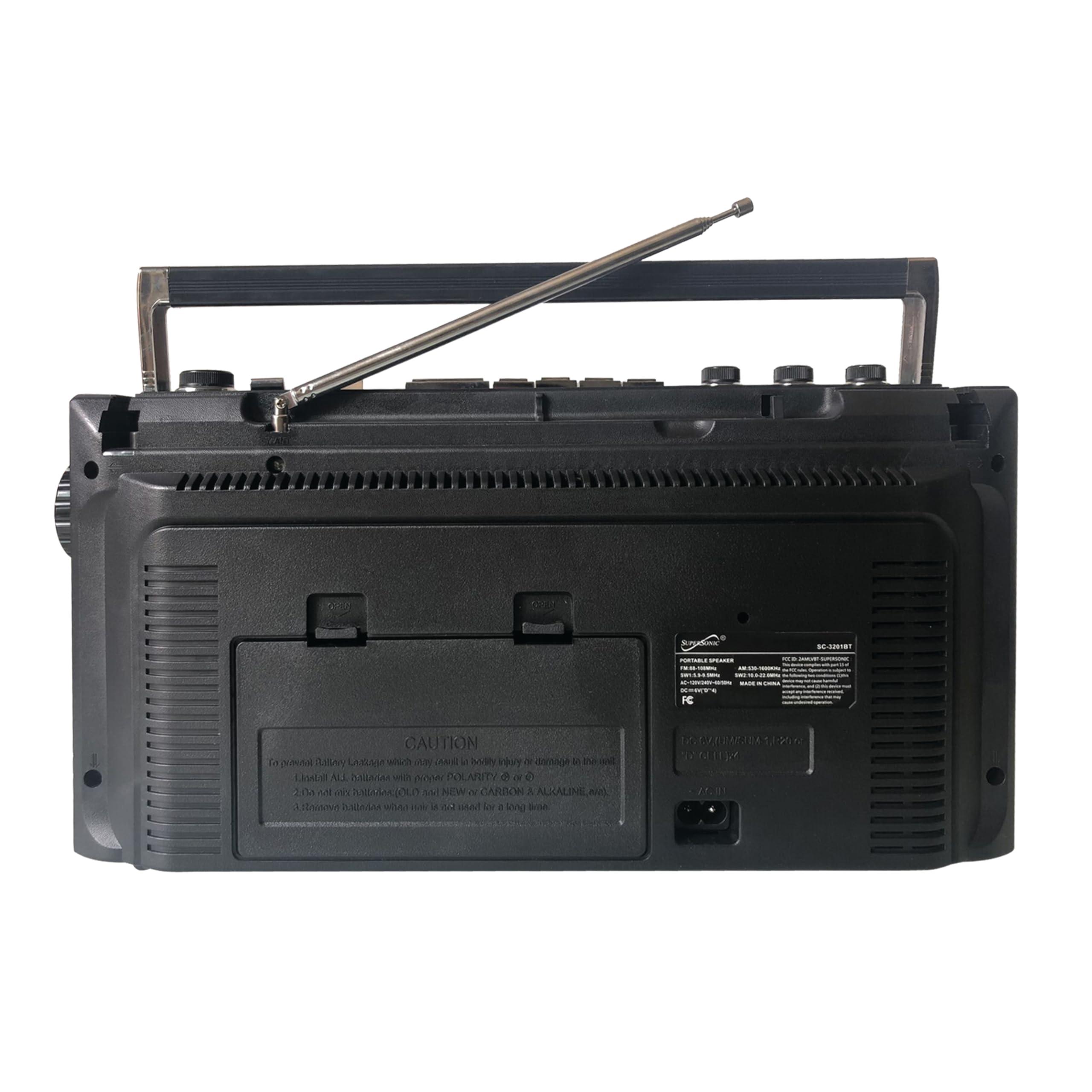 Supersonic Supersonic SC-3201BT 4 Band Radio & Cassette Player Boombox, Bluetooth Speaker, AM/FM/SW Radio with MP3 Playback, USB & SD Card, 3 Band EQ and Earphone Jack