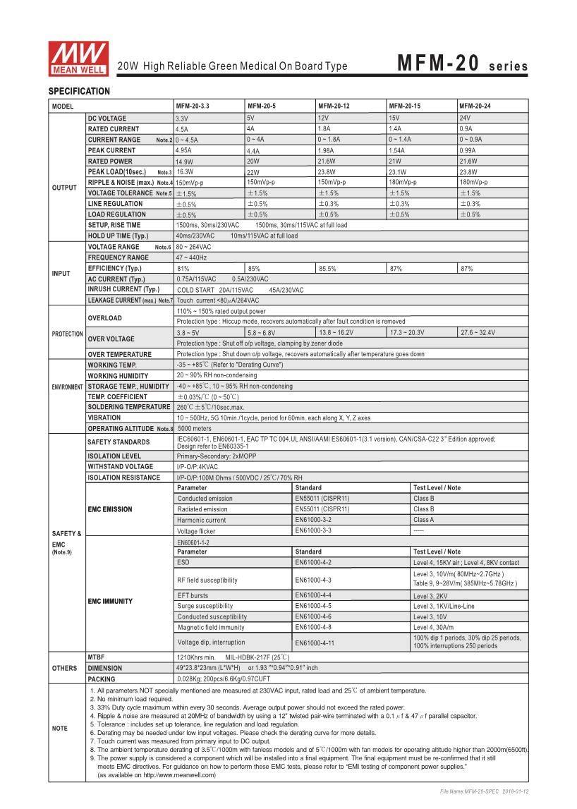 LED POWER Meanwell MFM-20-15 15V 1.4A 21W High Reliable Green LED Medical On Board Type