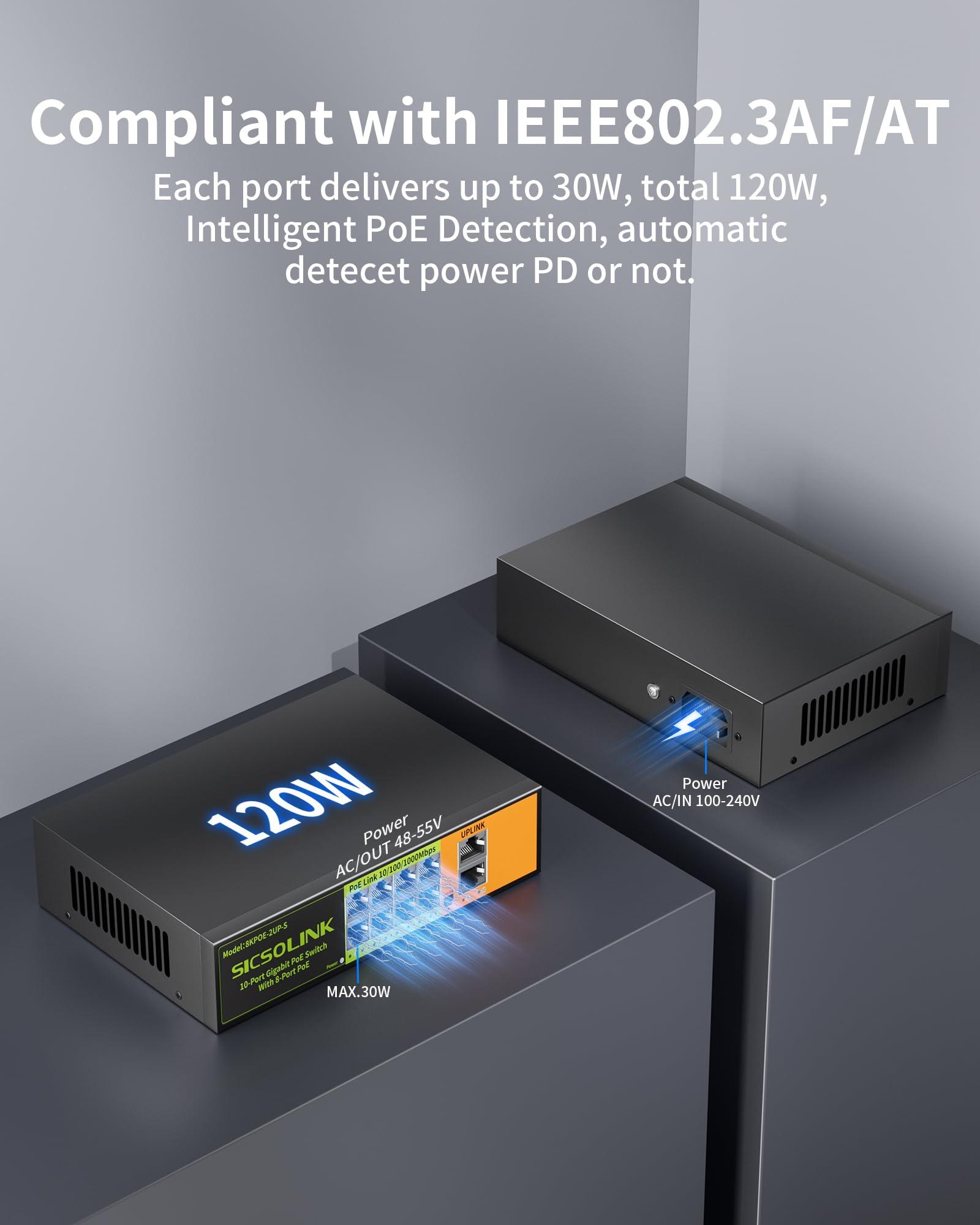 SICSOLINK SICSOLINK Gigabit Ethernet Network PoE Switch, 8 PoE Ports @120W with 2 Uplink Ports, Support 802.3af/at, Unmanaged, VLAN, for PoE Security Camera, AP (10 Gigabit Ports I 8*PoE+ 2*Uplink)