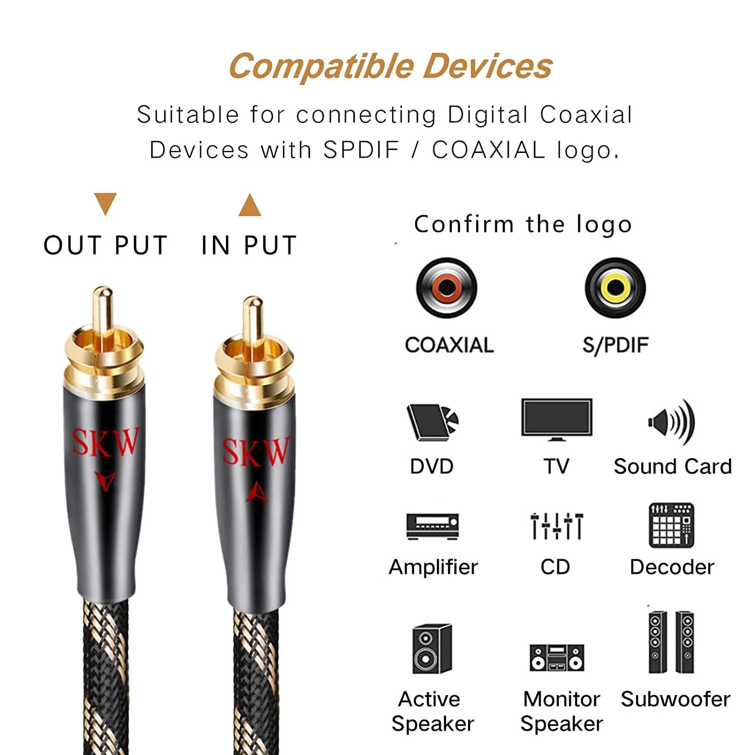 SKW SKW Digital Coaxial Cable RCA to RCA Multiple Shield with Ultra-high Purity Copper Subwoofer Cable for HiFi Systems 9.8ft/3M