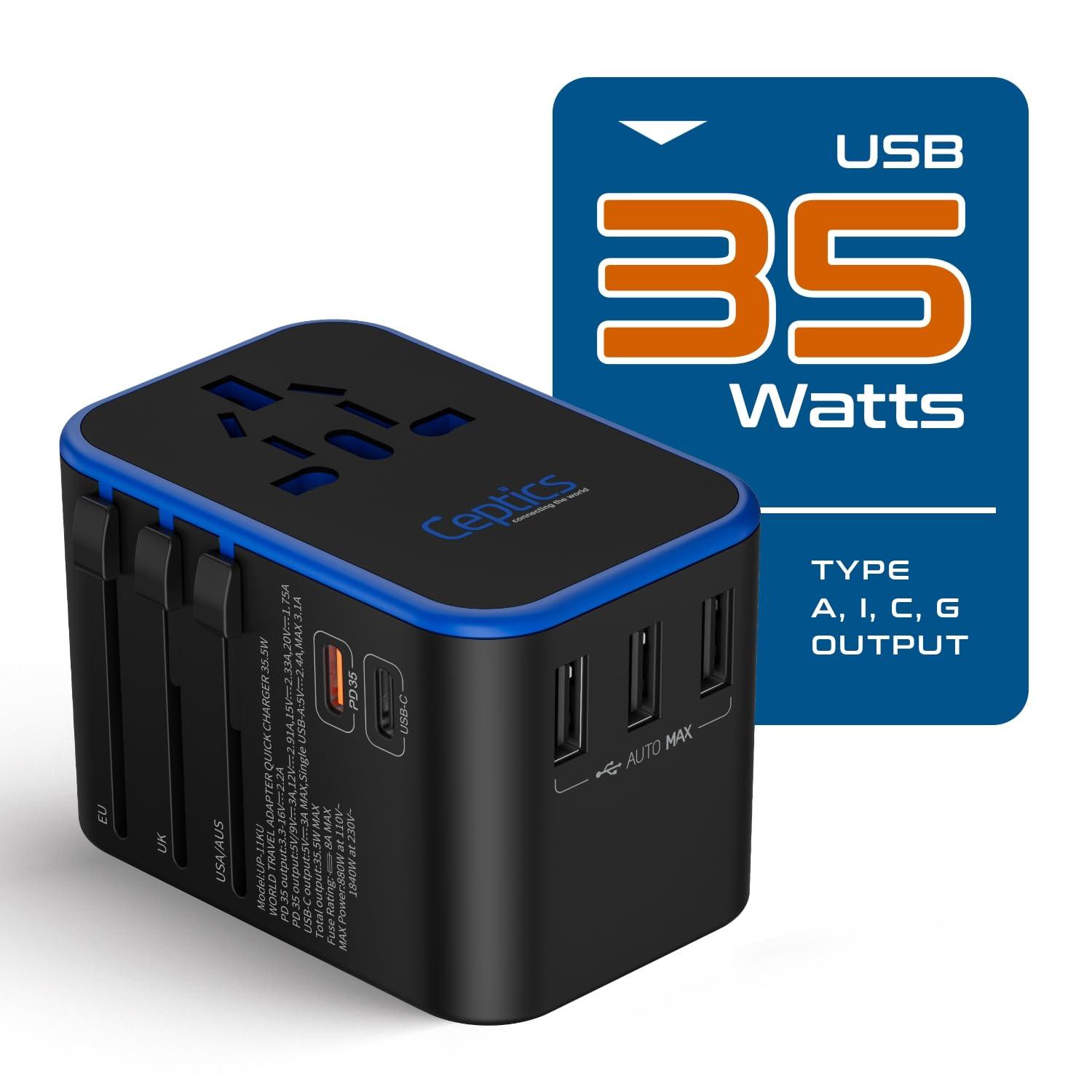 Ceptics Ceptics Universal Travel Adapter, 35W International Power Adapter with PD & QC 3.0 Dual USB-C, 3 USB Travel Adapter Worldwide, Type I C G A Outlets 110V 220V A/C - EU Euro US UK (11-KU)