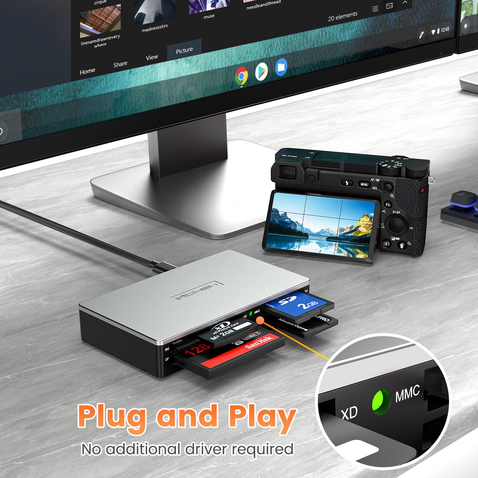 INDMEM SmartMedia Card Reader Writer All-in-1 USB Universal Multi Card Adapter Slim Hub Read Smart Media, xD, SD, SDHC, SDXC, UHS-I, MMC, MS Pro Duo, CF, MD, Camera Flash Memory Cards For Windows, Mac, Linux