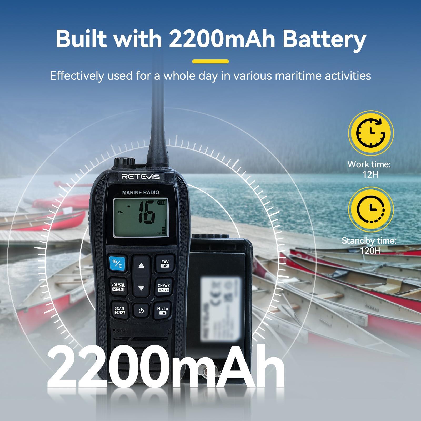 Retevis Retevis RM22 Marine Radio, IP67 Waterproof Handheld Floating Radio, High Power, Noise Cancelling Mic, Backlit LCD Display, NOAA Weather, 2200mAh Battery, USB Charging, Boat Radios(1 Pack)