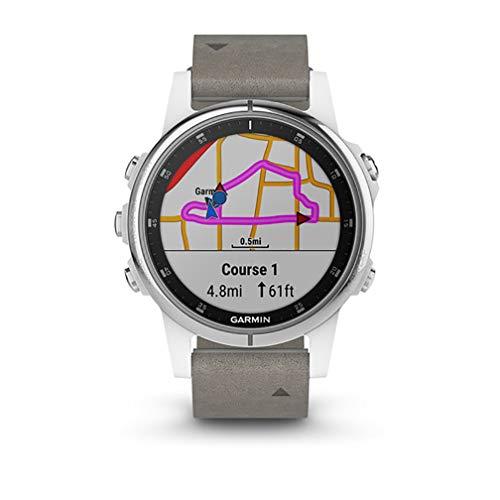 Garmin Garmin fenix 5S Plus, Smaller-Sized Multisport GPS Smartwatch, Features Color Topo Maps, Heart Rate Monitoring, Music Contactless Payment, Silver/White with Gray Suede Band