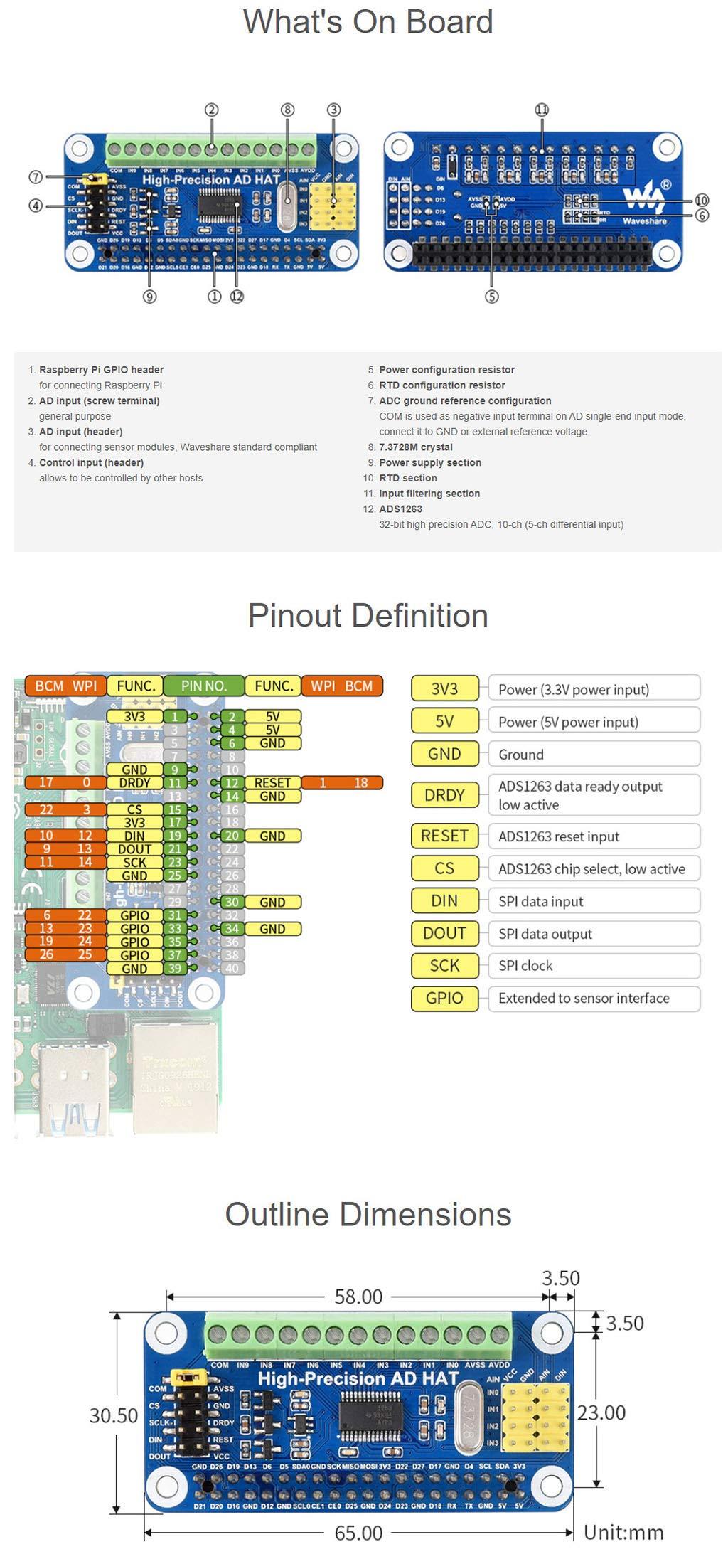 Coolwell High-Precision AD HAT Fits Raspberry Pi Series & Jetson Nano, ADS1263 10-Ch 32-Bit ADC